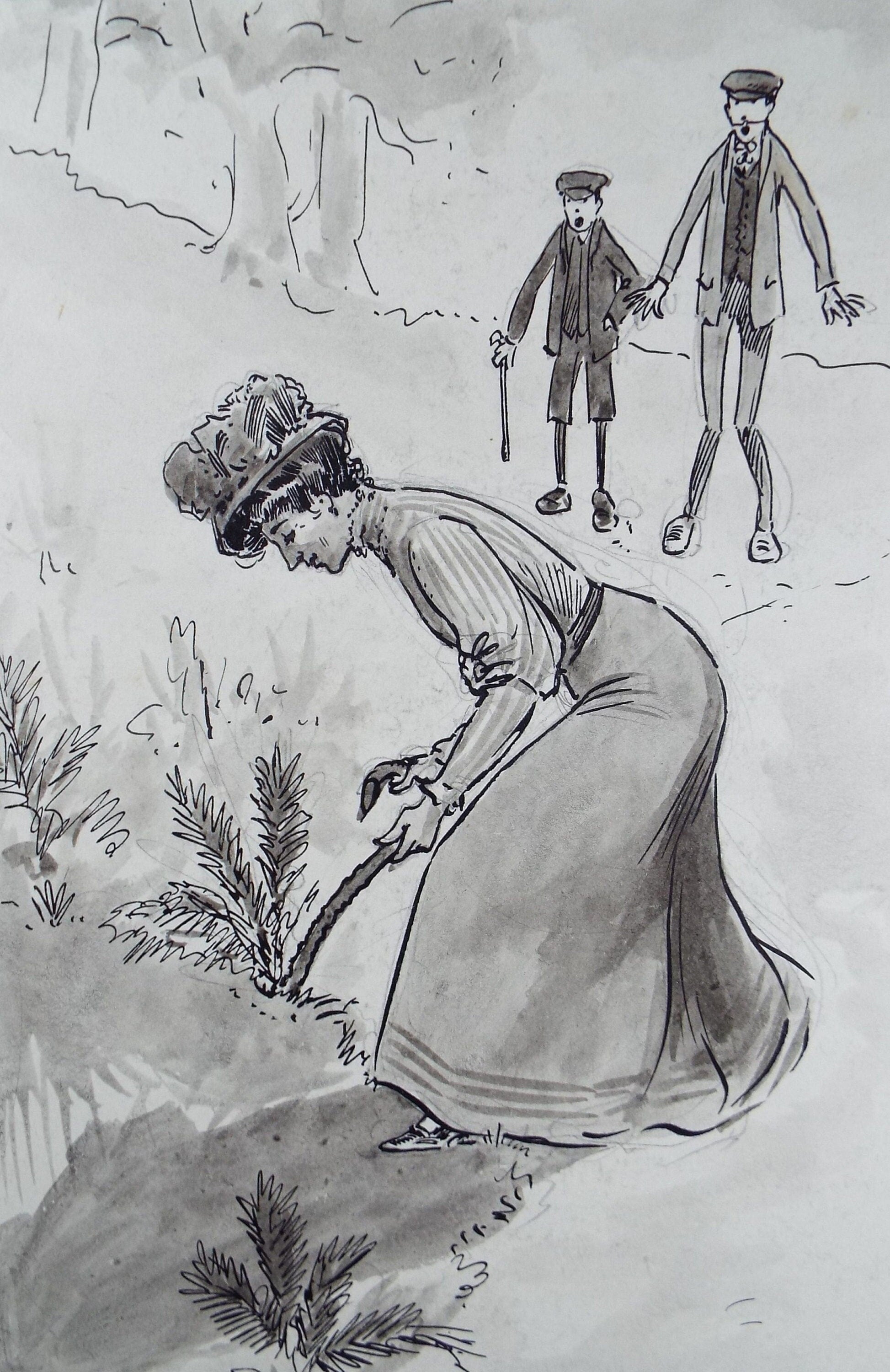 Original ink and wash 'Digging for Ferns', Artist Unknown, circa 1915