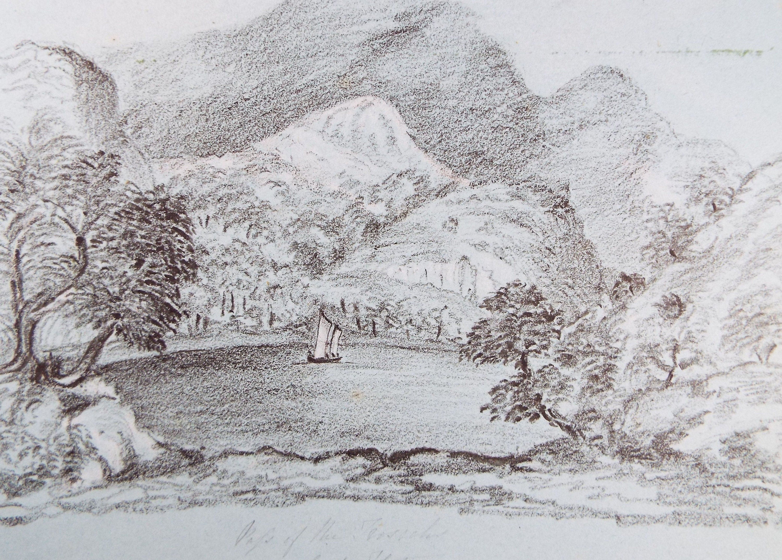 Original Pencil Drawing,'Sailing with distant hills', Artist Unknown, Late 19th Century