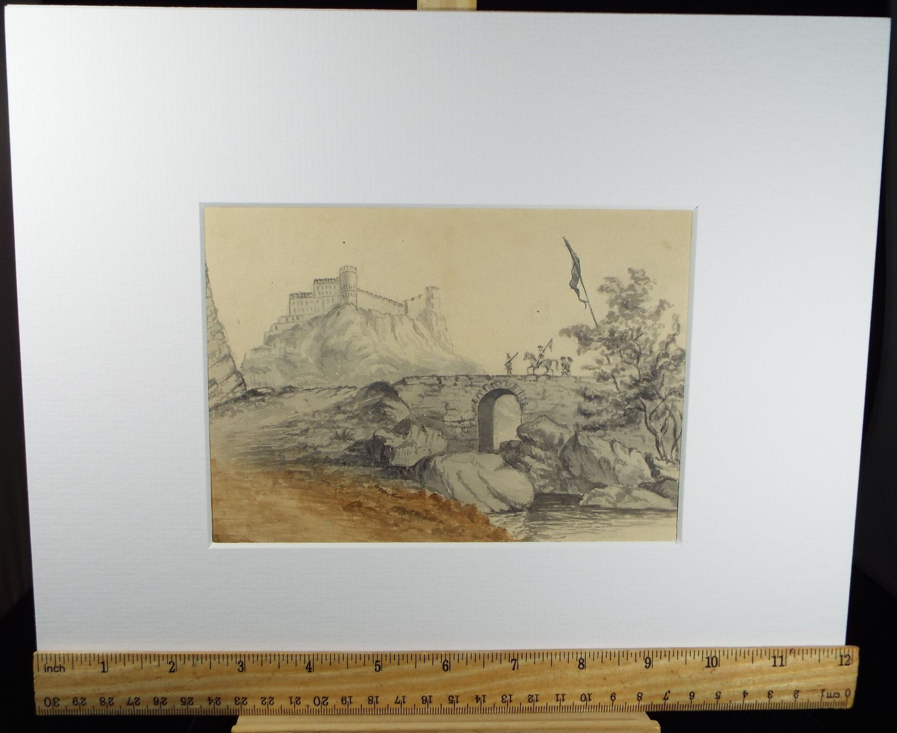 Original Pencil drawing and wash ' Fort of Attock', dated 1849, Artist Unknown
