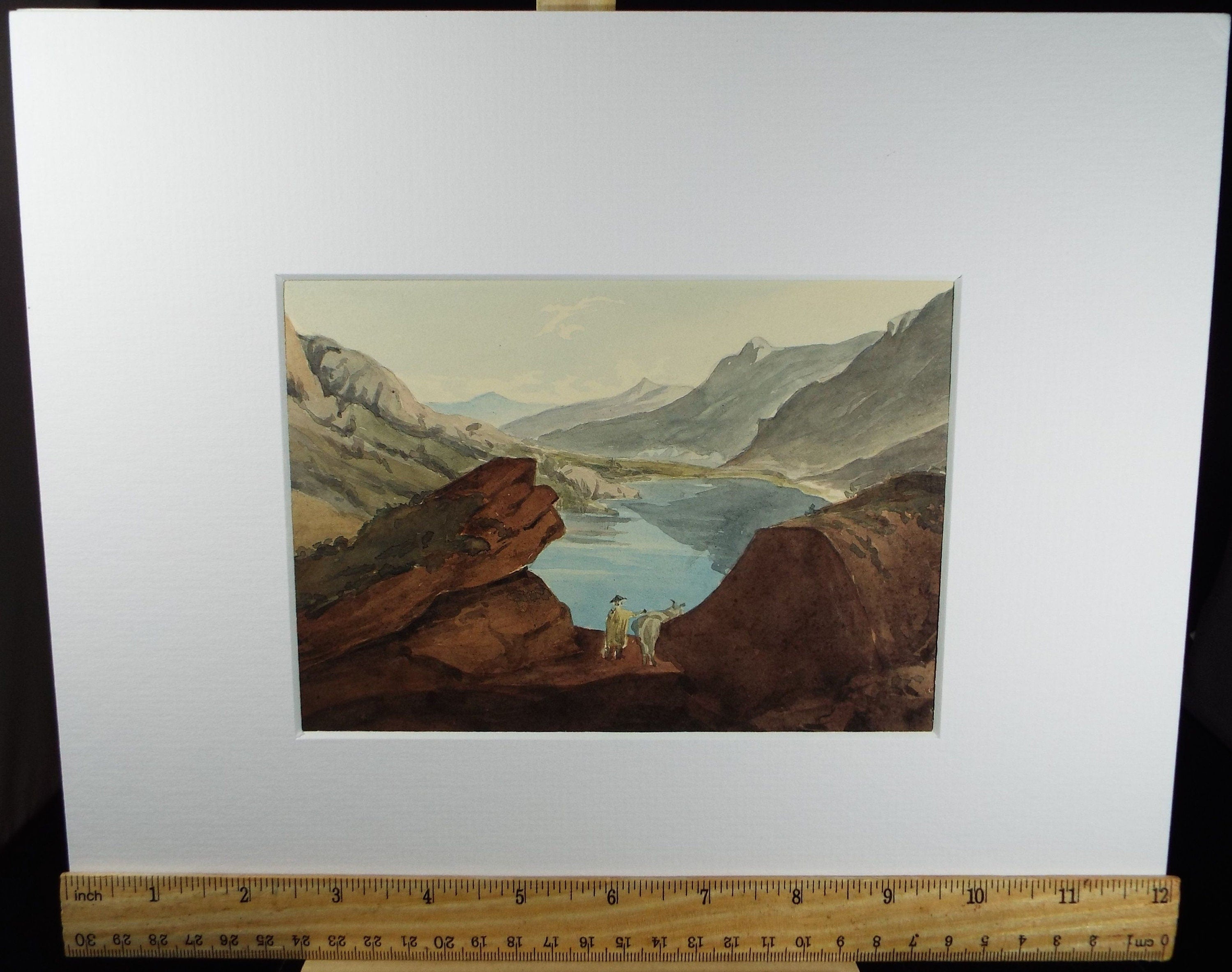 Original Watercolour, late 19th Century,'Figures above the Lake', Artist unknown