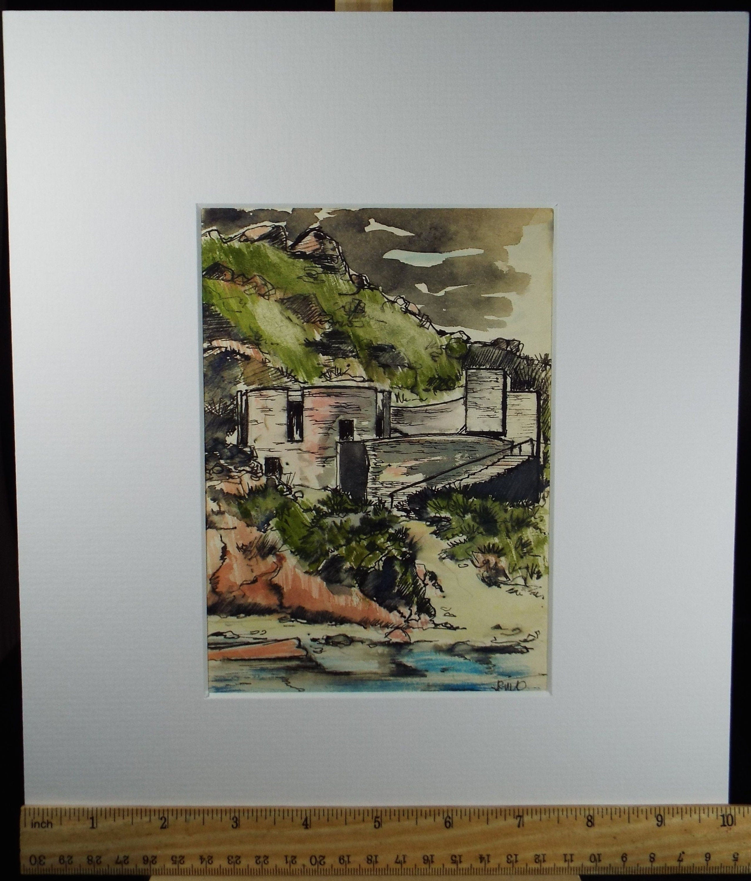 Original Watercolour, Coastal Fortification - Crete', Circa 1980's, Artist Unknown