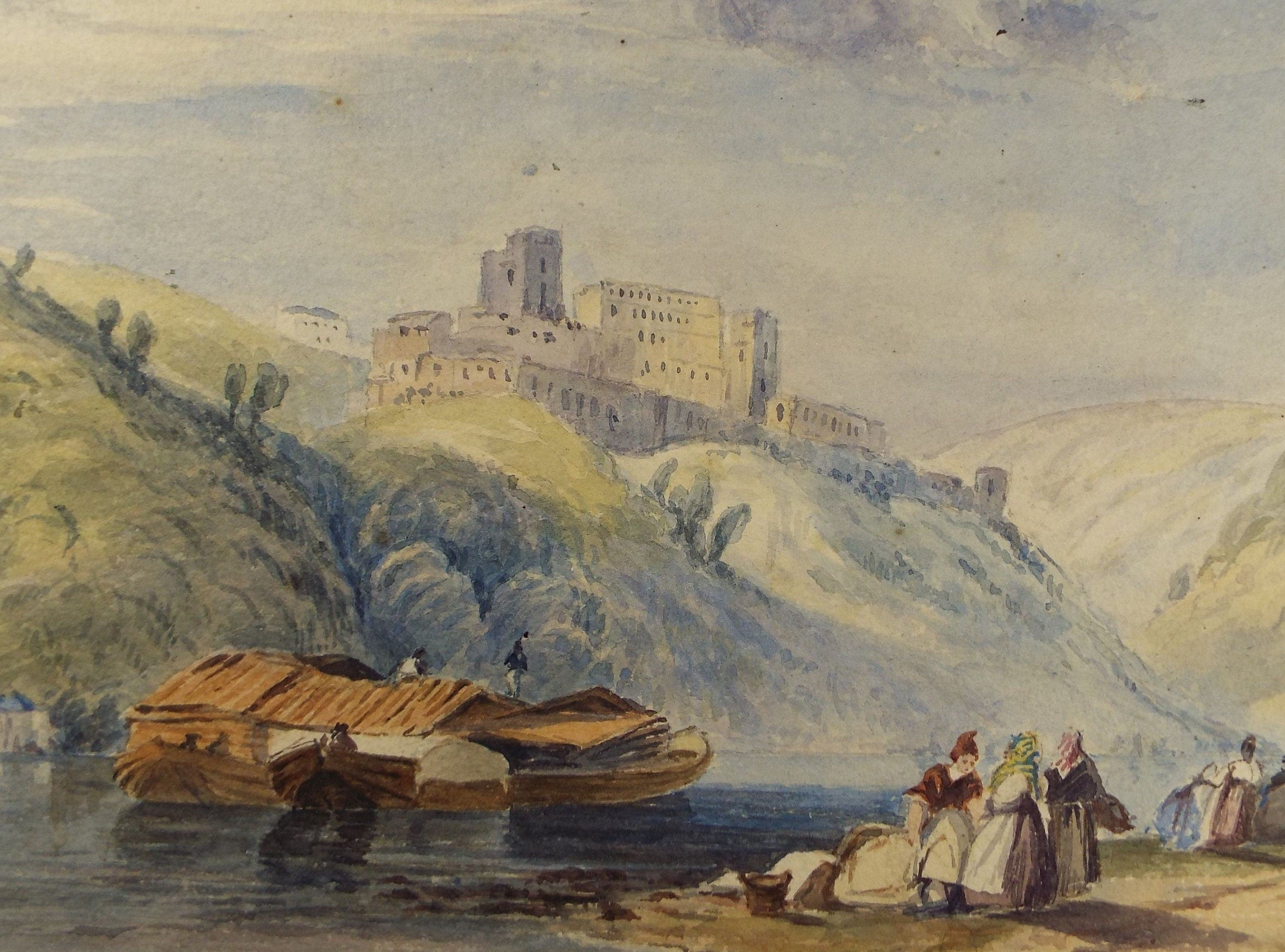 Original Watercolour, 'Boats and figures below the Castle' Mid 19th Century, Artist Unknown
