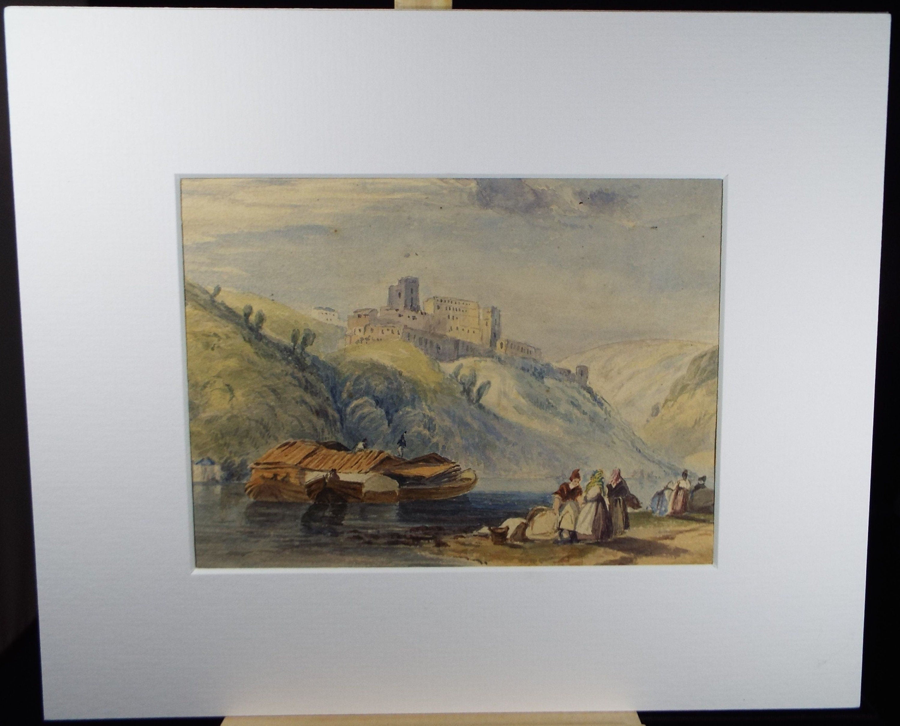 Original Watercolour, 'Boats and figures below the Castle' Mid 19th Century, Artist Unknown