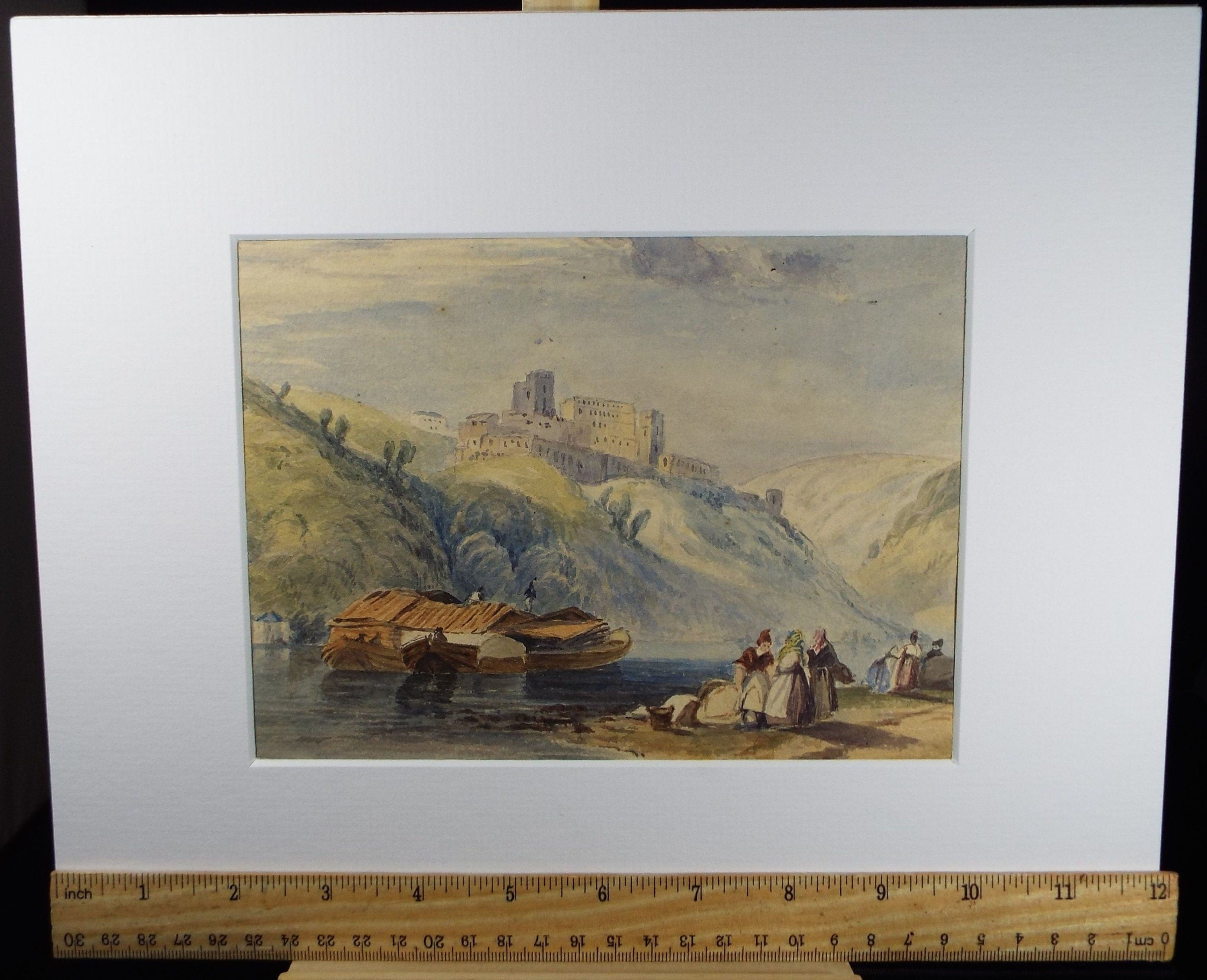 Original Watercolour, 'Boats and figures below the Castle' Mid 19th Century, Artist Unknown