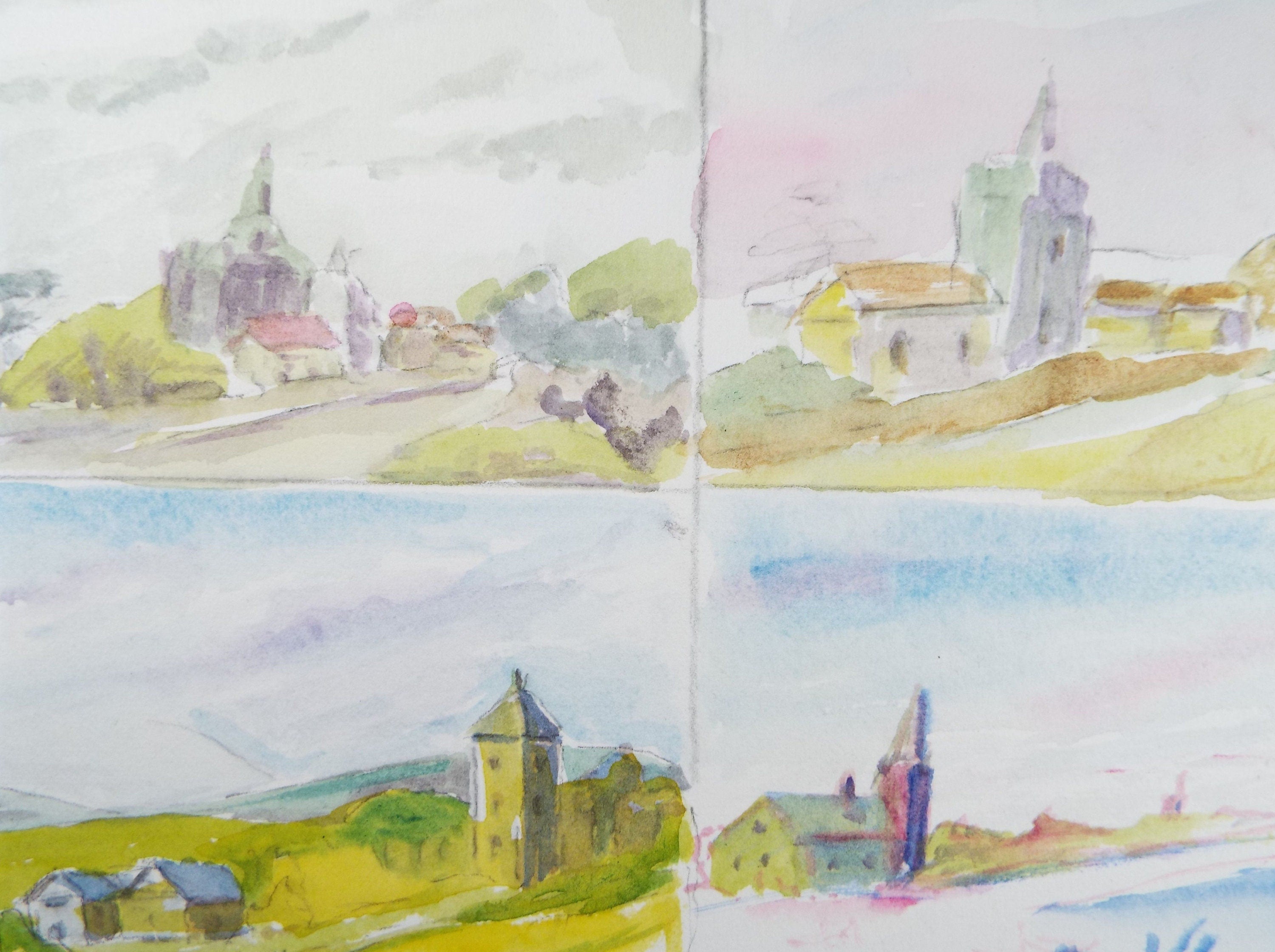 Original Watercolour Drawing 'Four Village views', c1990's, Artist Unknown