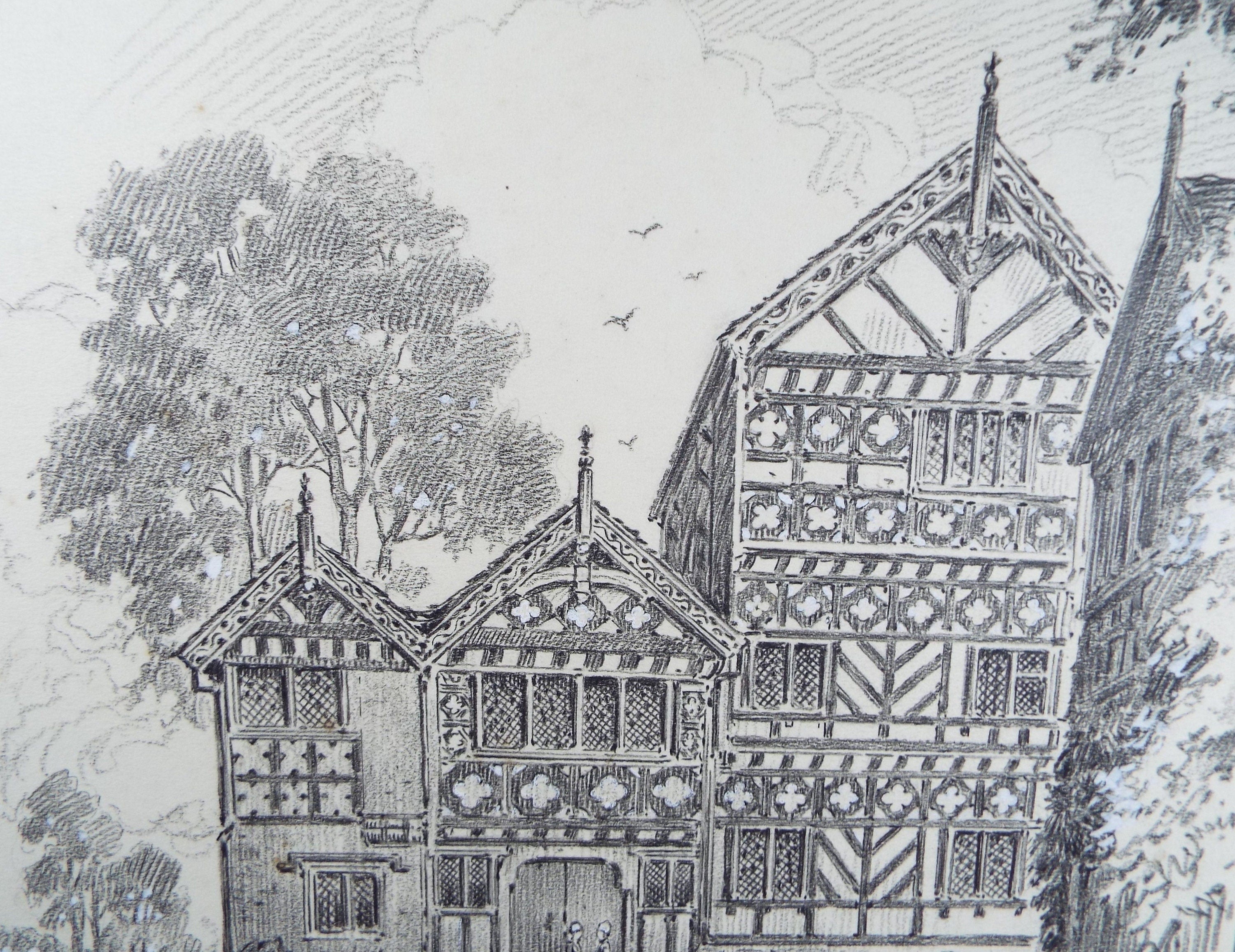 Original pencil drawing , 'Elizabethan House' Late 19th Century, Artist Unknown
