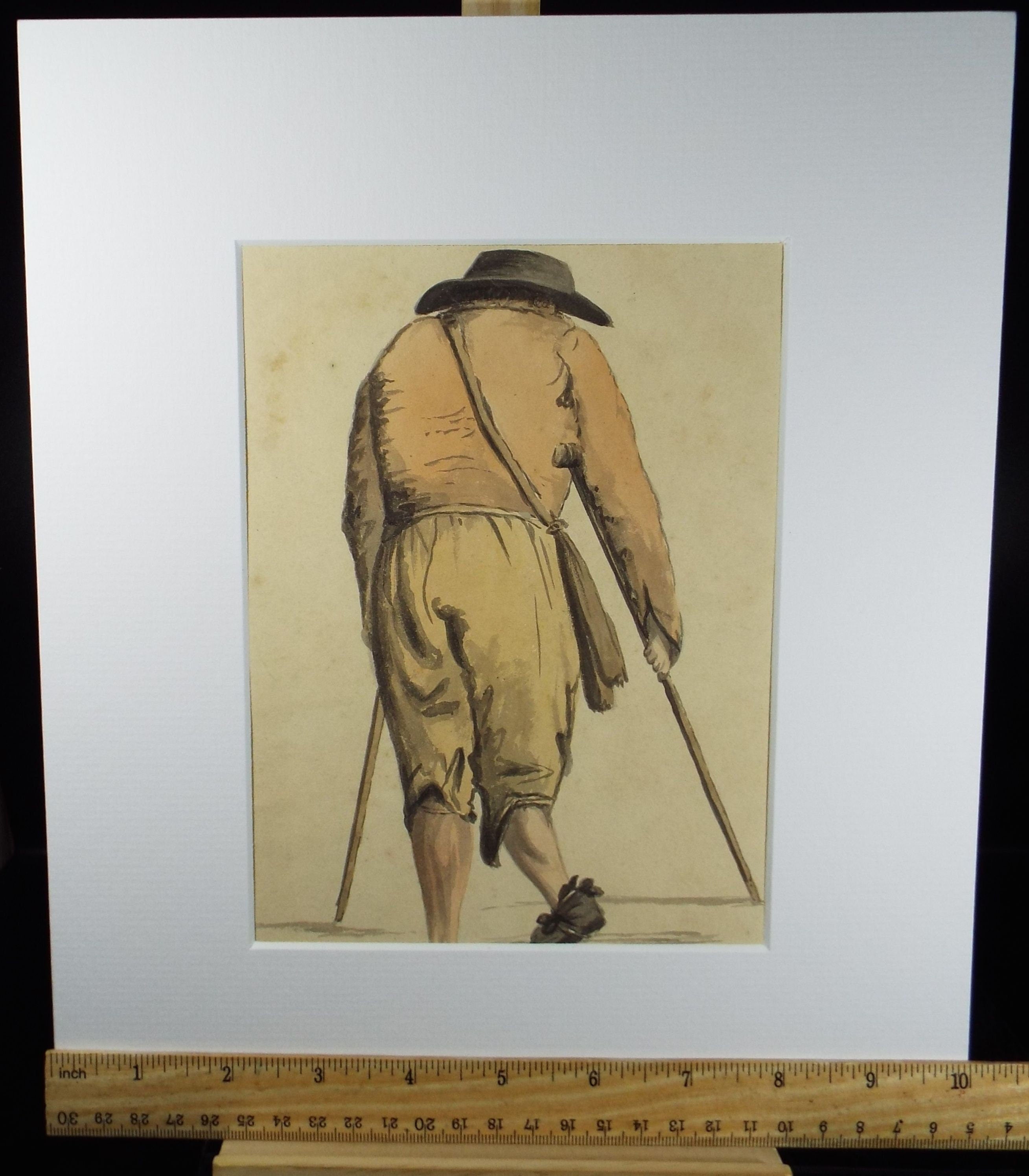 Original Watercolour, 'Crippled Man', Mid 19th Century, Artist unknown