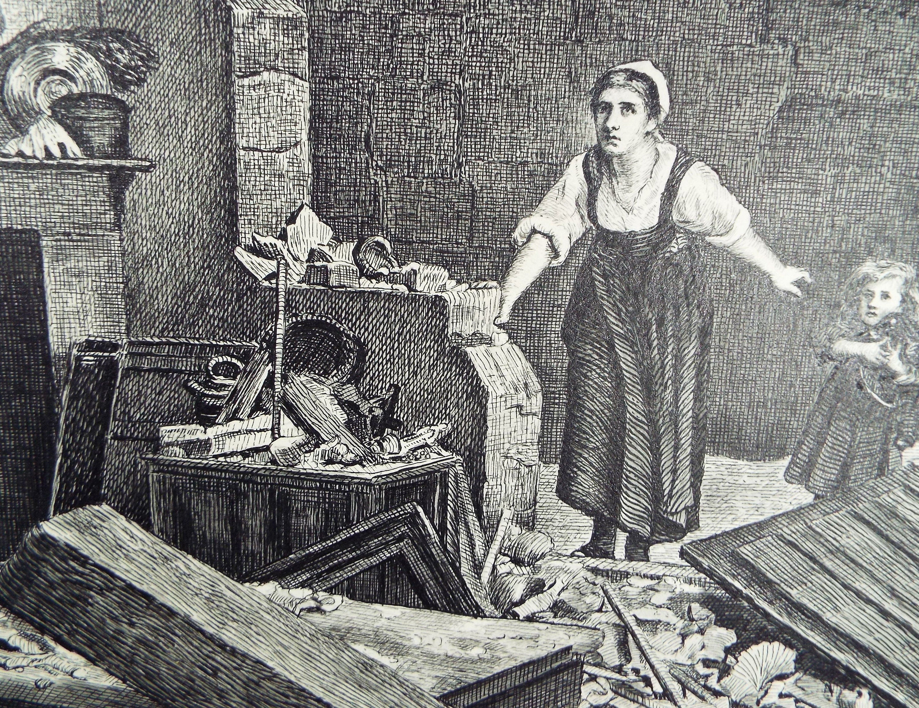 Original Pen & Ink, 'Figures in a Damaged Room , Dated 1915, Artist unknown