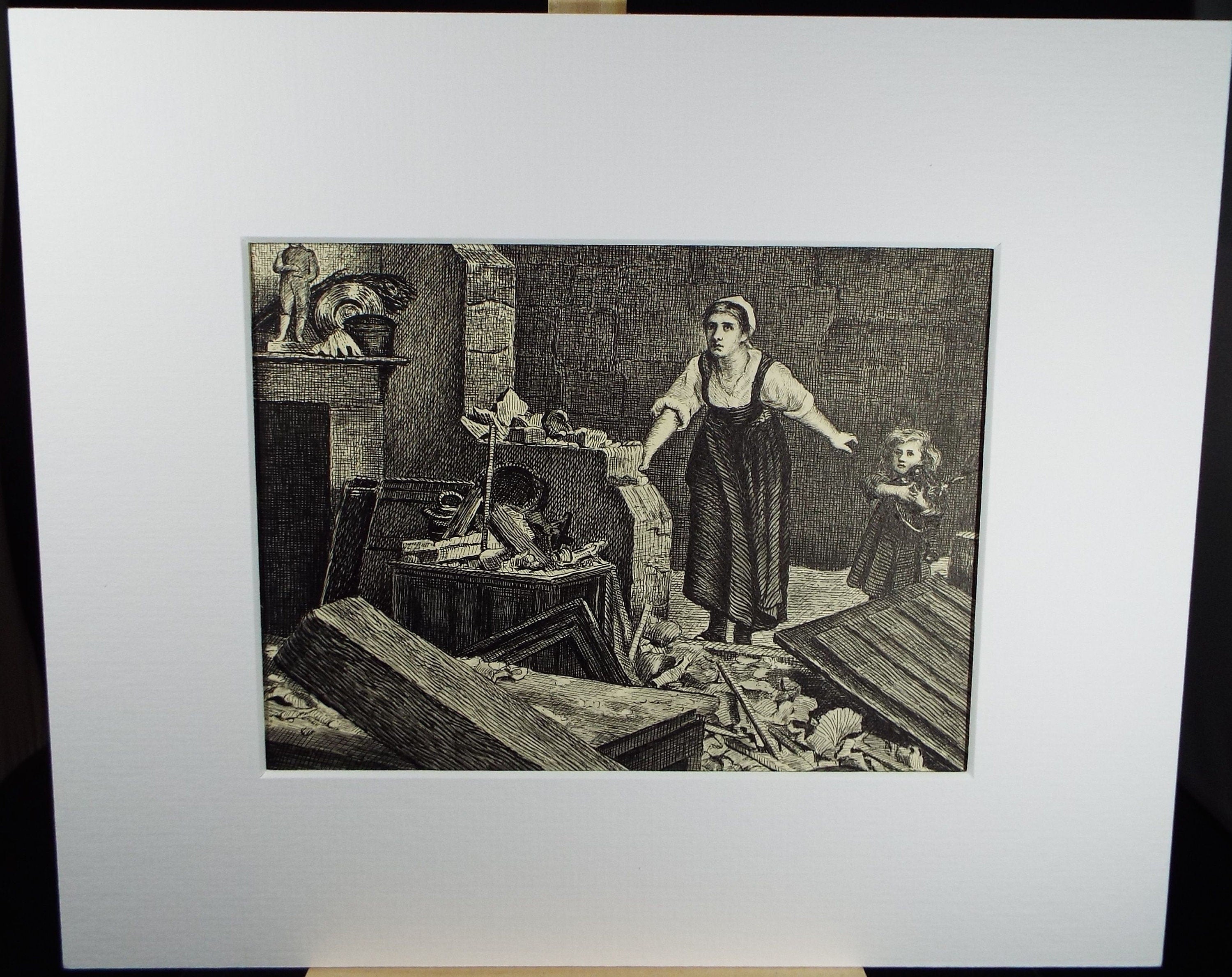 Original Pen & Ink, 'Figures in a Damaged Room , Dated 1915, Artist unknown