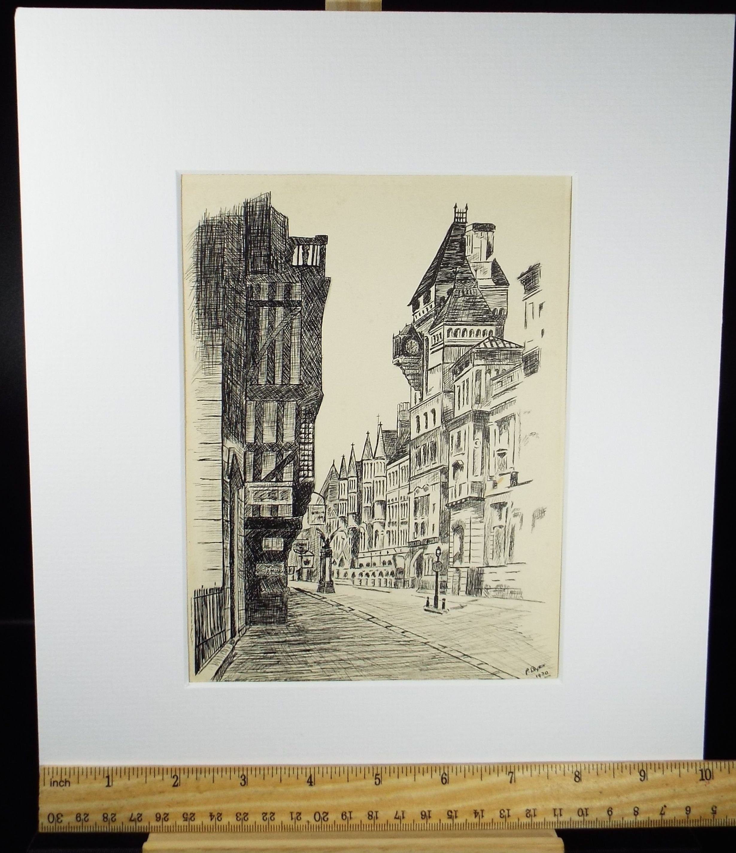 Original Pen & ink, 'Street Scene', Dated 1930, Artist Unknown