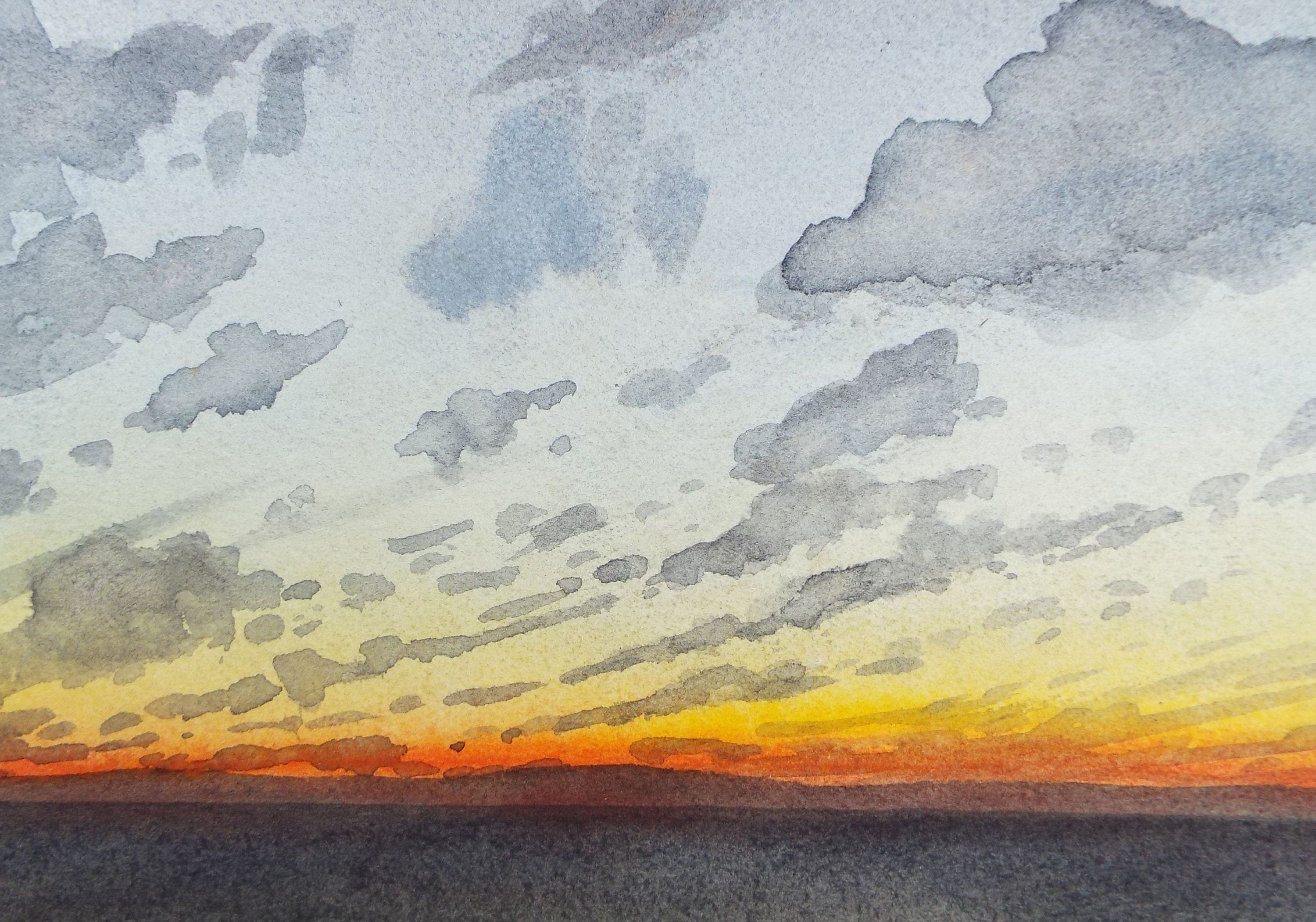 Original Watercolour on Paper, 'Clouds at Sunset', Circa 1990's, Unknown artist