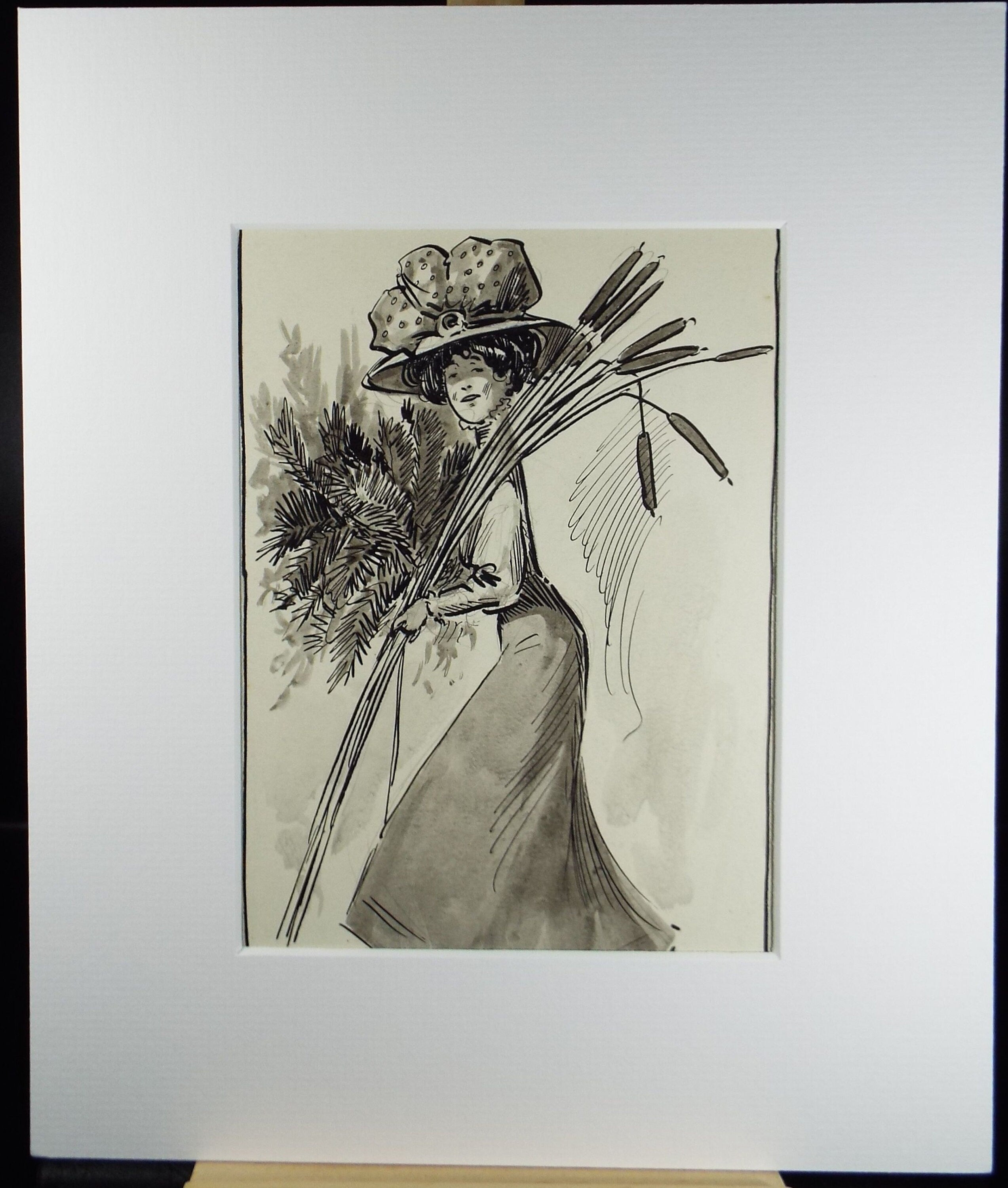 Original ink and wash 'Edwardian Woman with Ferns and Bull Rushes', Artist Unknown, circa 1915