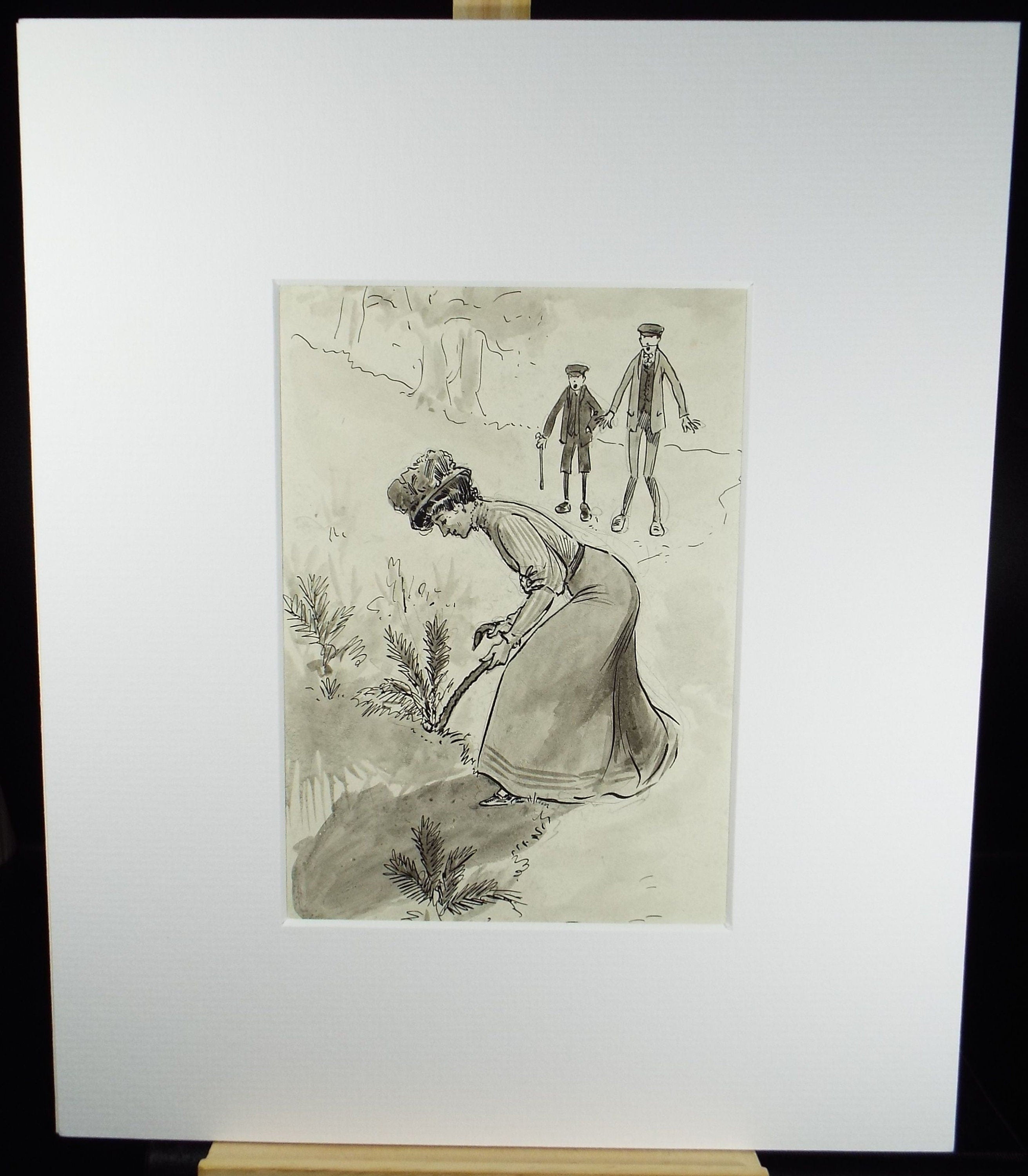 Original ink and wash 'Digging for Ferns', Artist Unknown, circa 1915