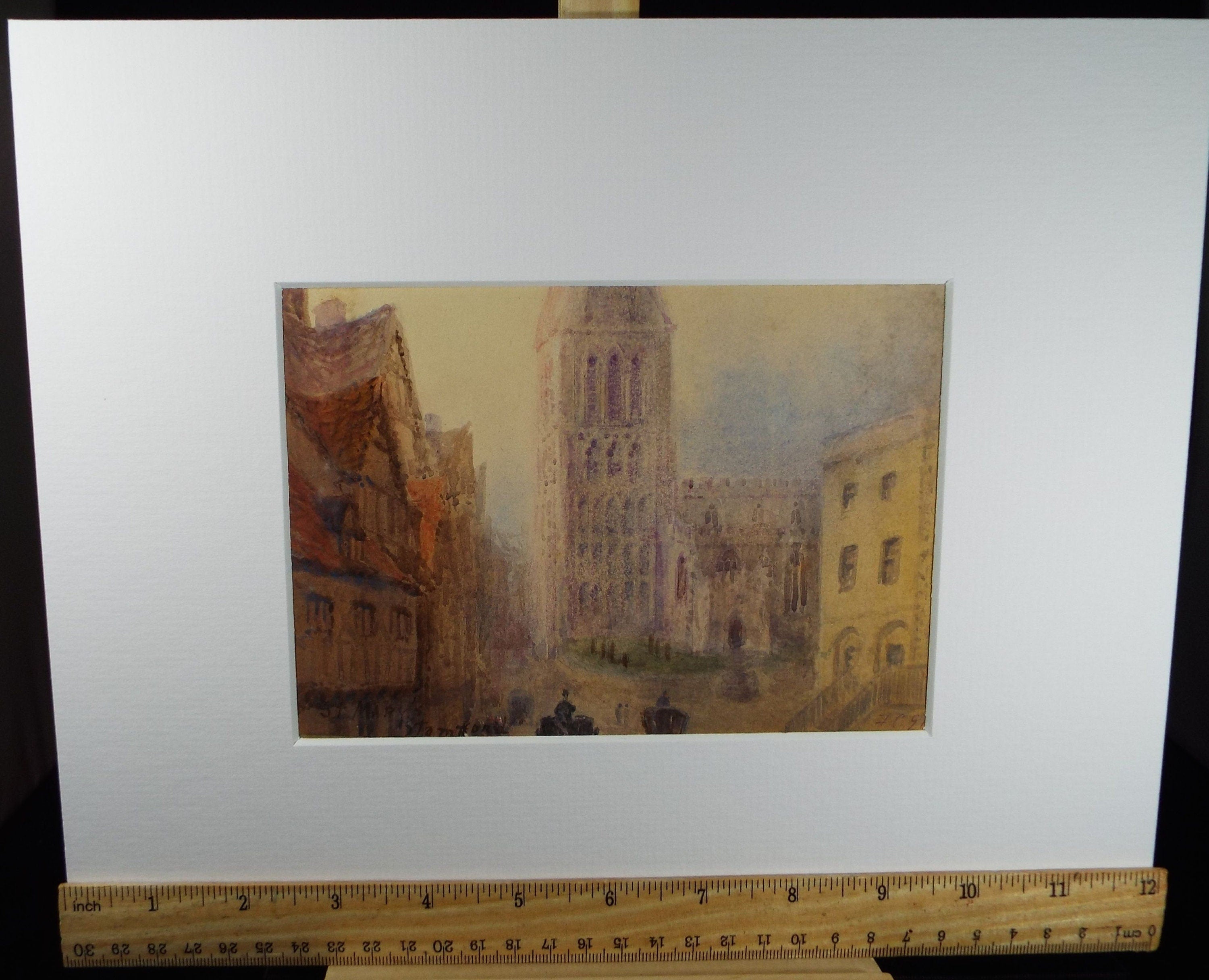 Original Watercolour, late 19th Century , 'Continental Street scene with Church' Artist Unknown