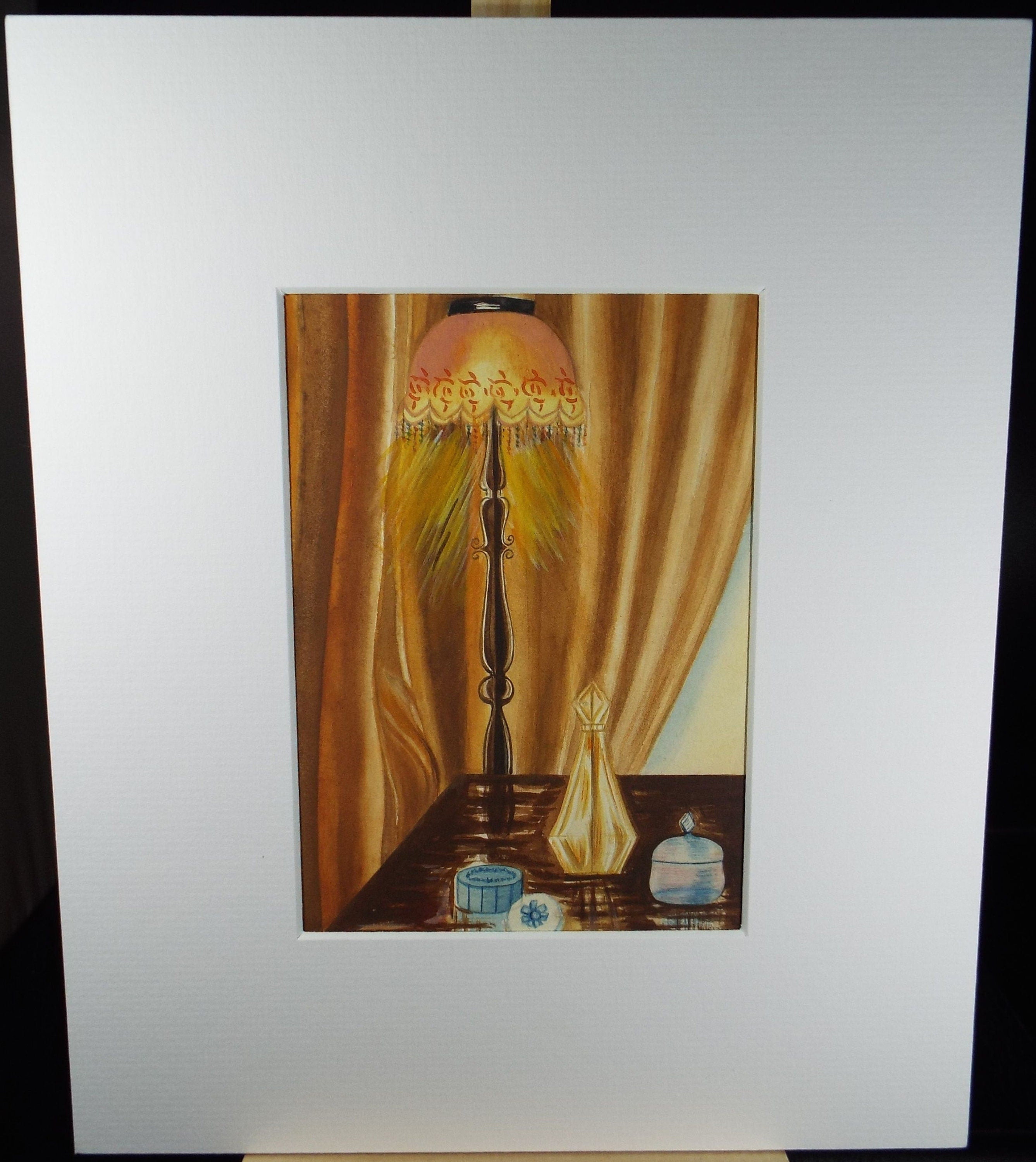 Original Watercolour, 'Table Lamp with Perfume Bottles', Circa 1940's, Artist Unknown