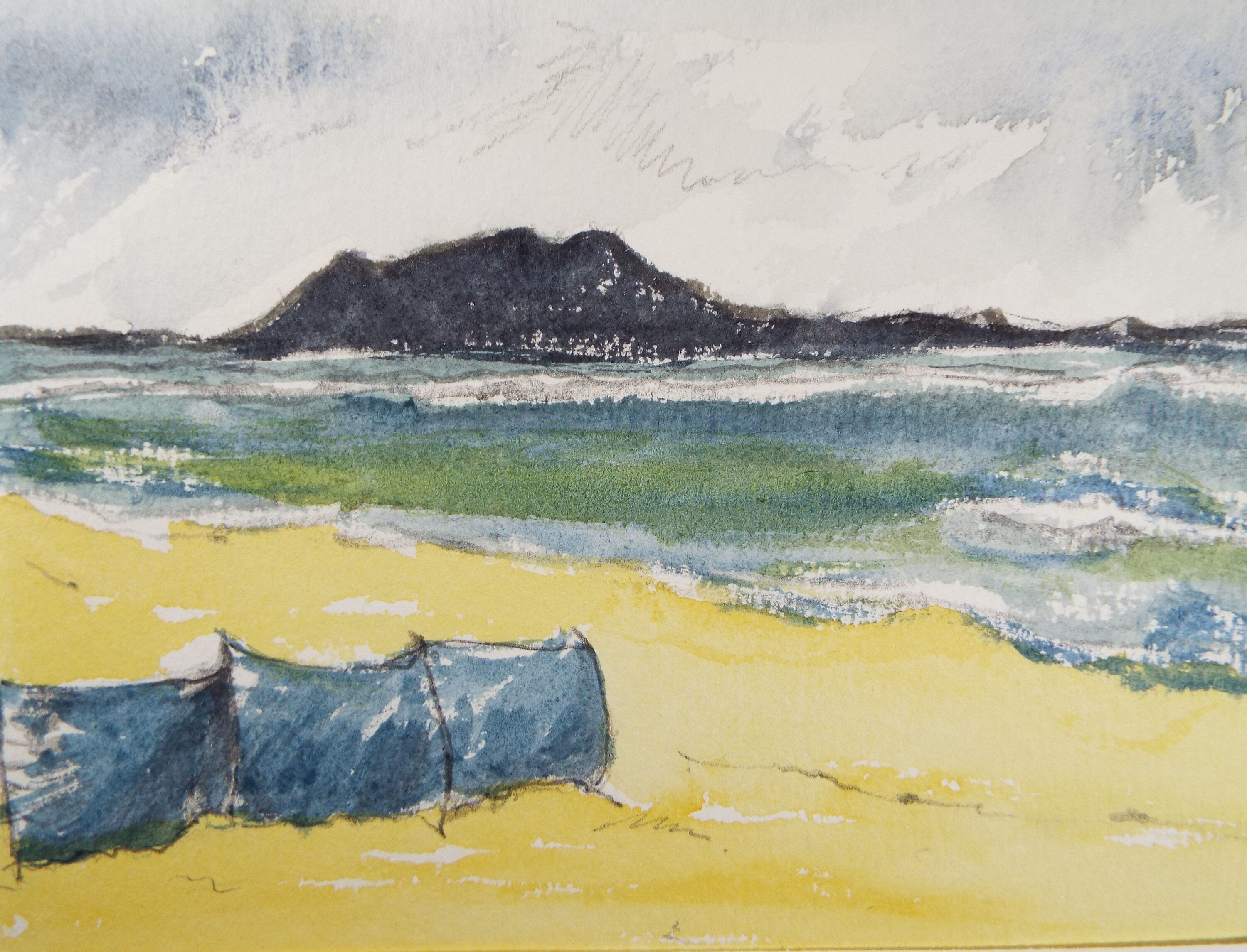Original  Watercolour, 'Beach with Wind Break ', Circa 1980's, artist Unknown.