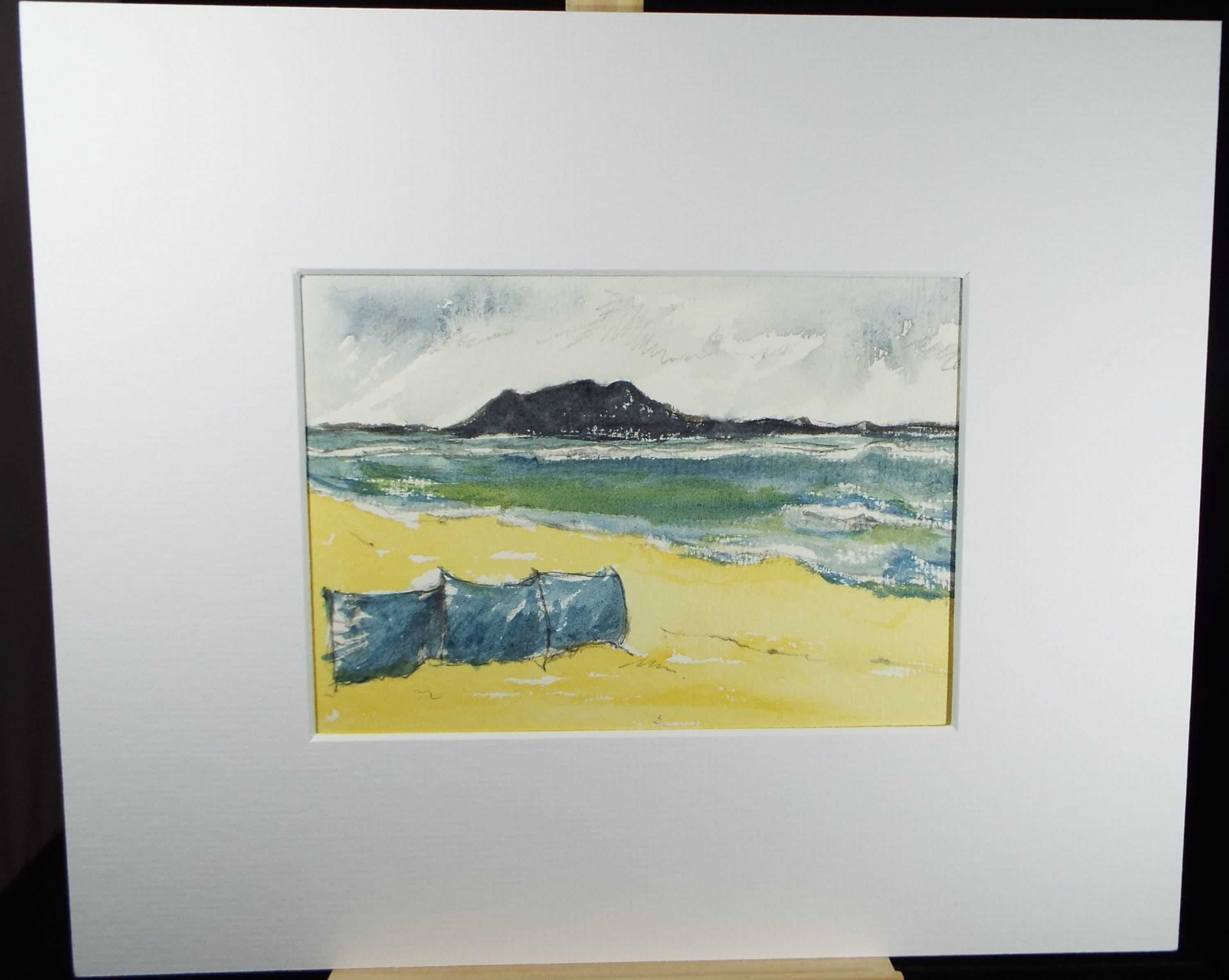 Original  Watercolour, 'Beach with Wind Break ', Circa 1980's, artist Unknown.