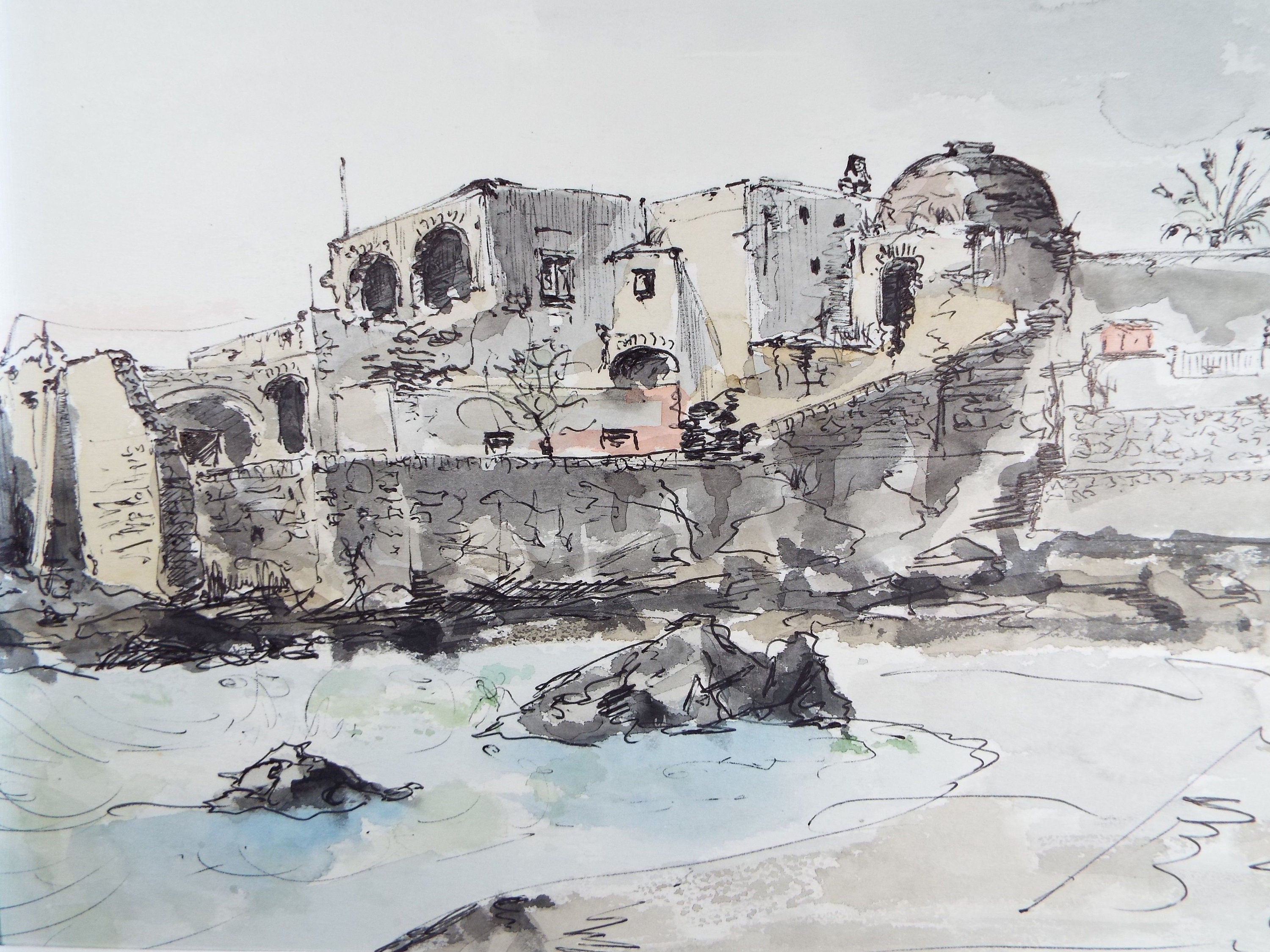 Original Watercolour & India Ink , 'Ischia, Capo Molino'. Dated 1965, Indistinctly Signed