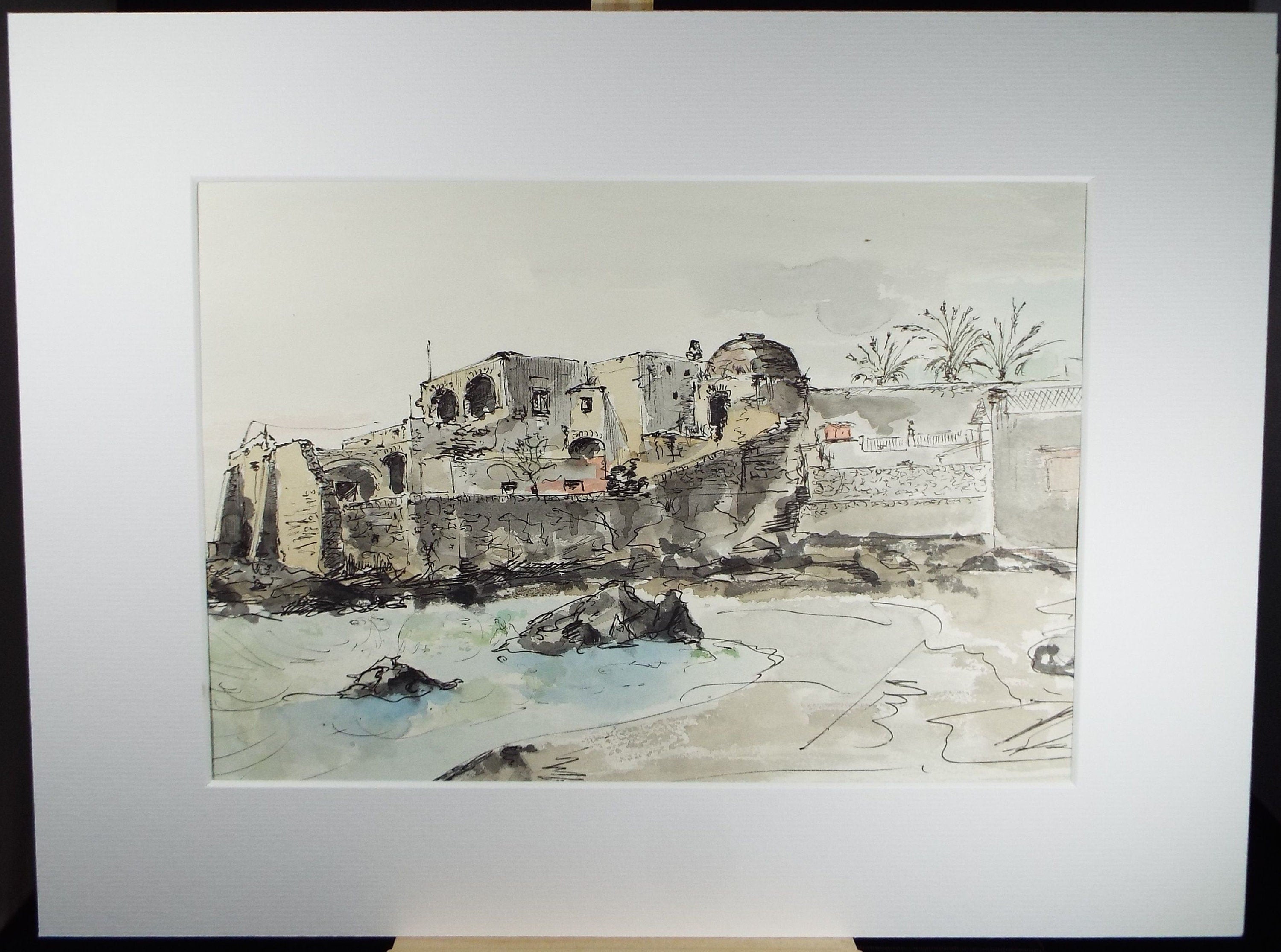 Original Watercolour & India Ink , 'Ischia, Capo Molino'. Dated 1965, Indistinctly Signed