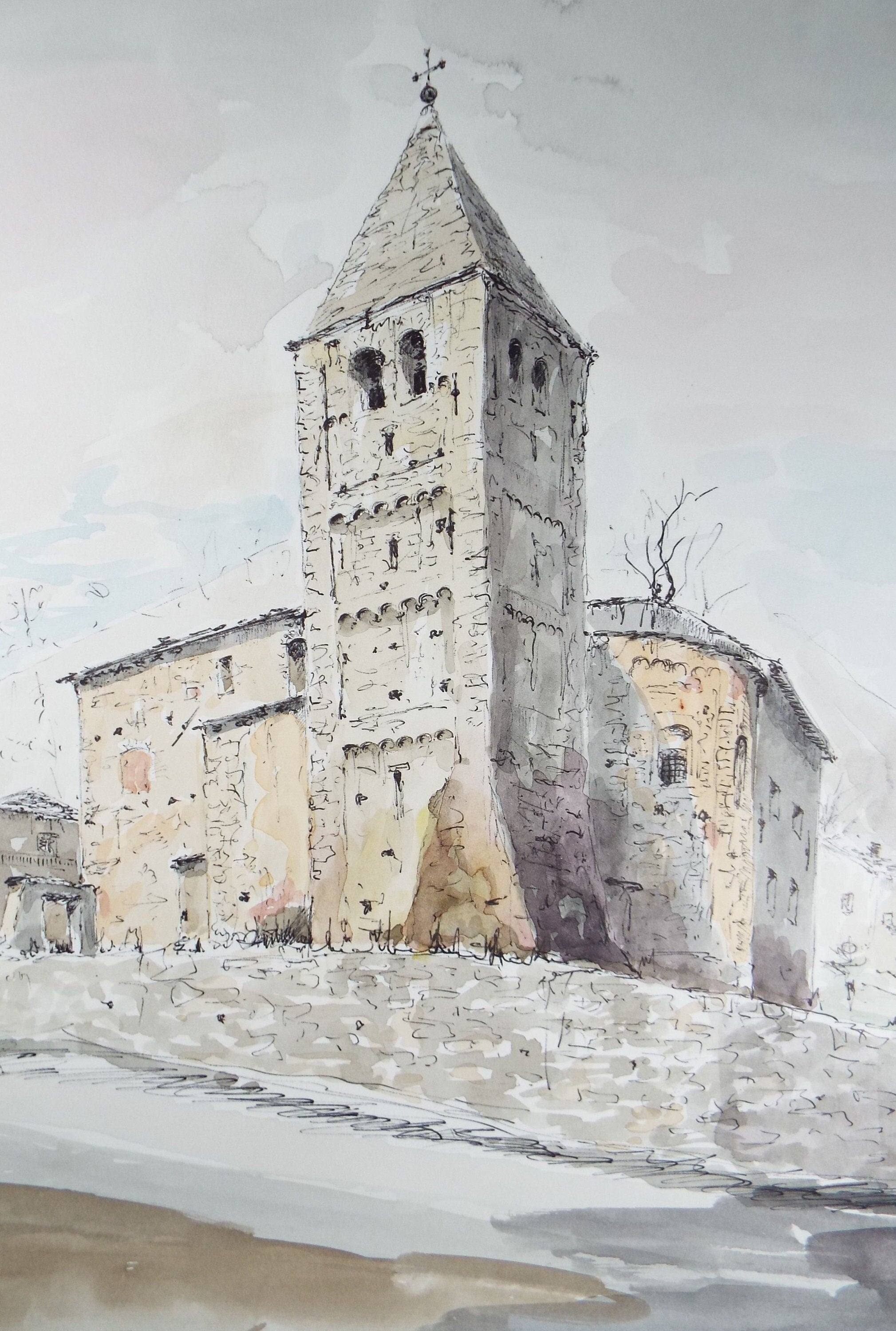 Original Watercolour & India Ink , 'Celle, Val di Susa', Dated 1966, Indistinctly Signed