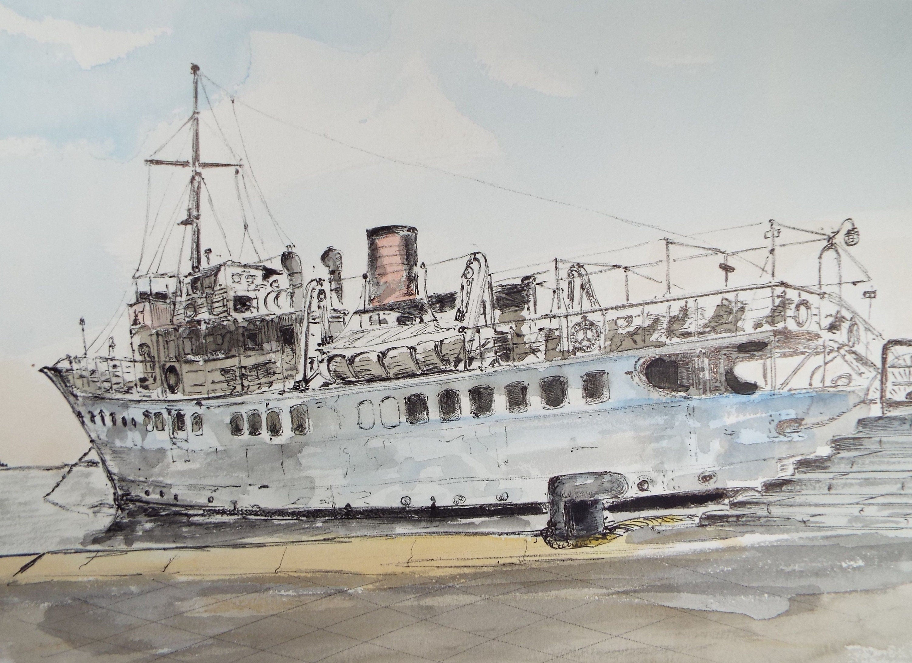 Original Watercolour & India Ink , 'Ischia - M/N Meta', Dated 1965, Indistinctly Signed