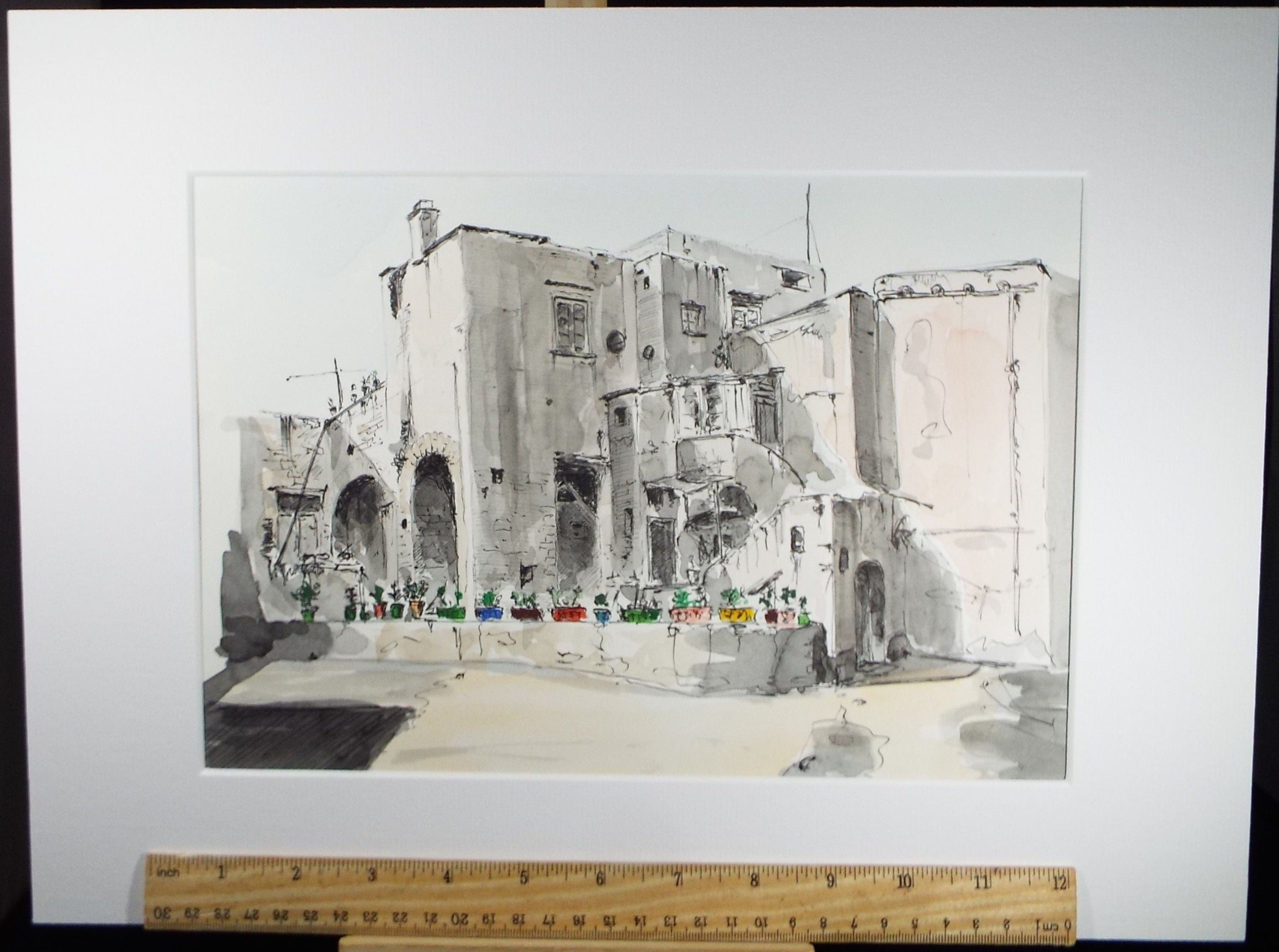 Original Watercolour & India Ink , 'Ischia', Dated 1965, Indistinctly Signed