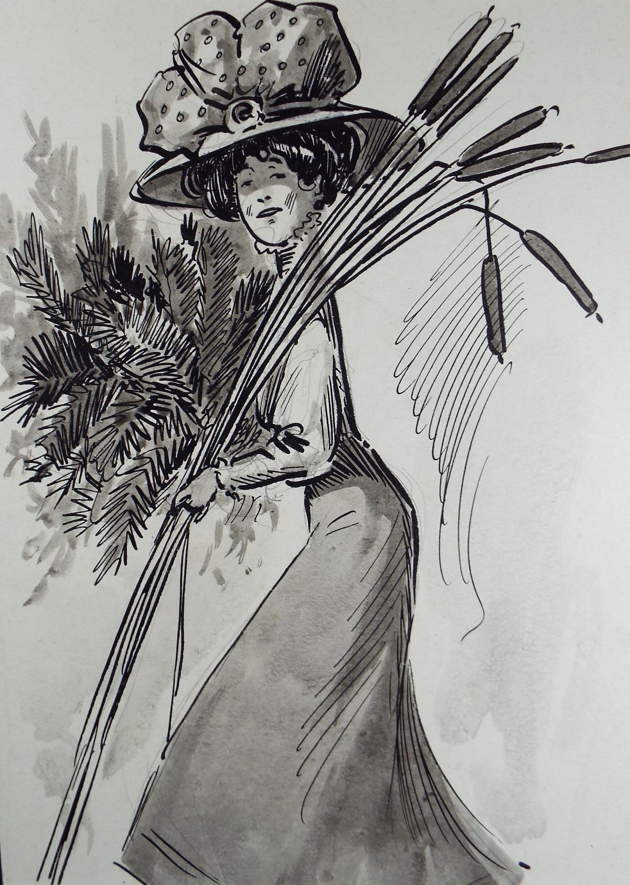 Original ink and wash 'Edwardian Woman with Ferns and Bull Rushes', Artist Unknown, circa 1915