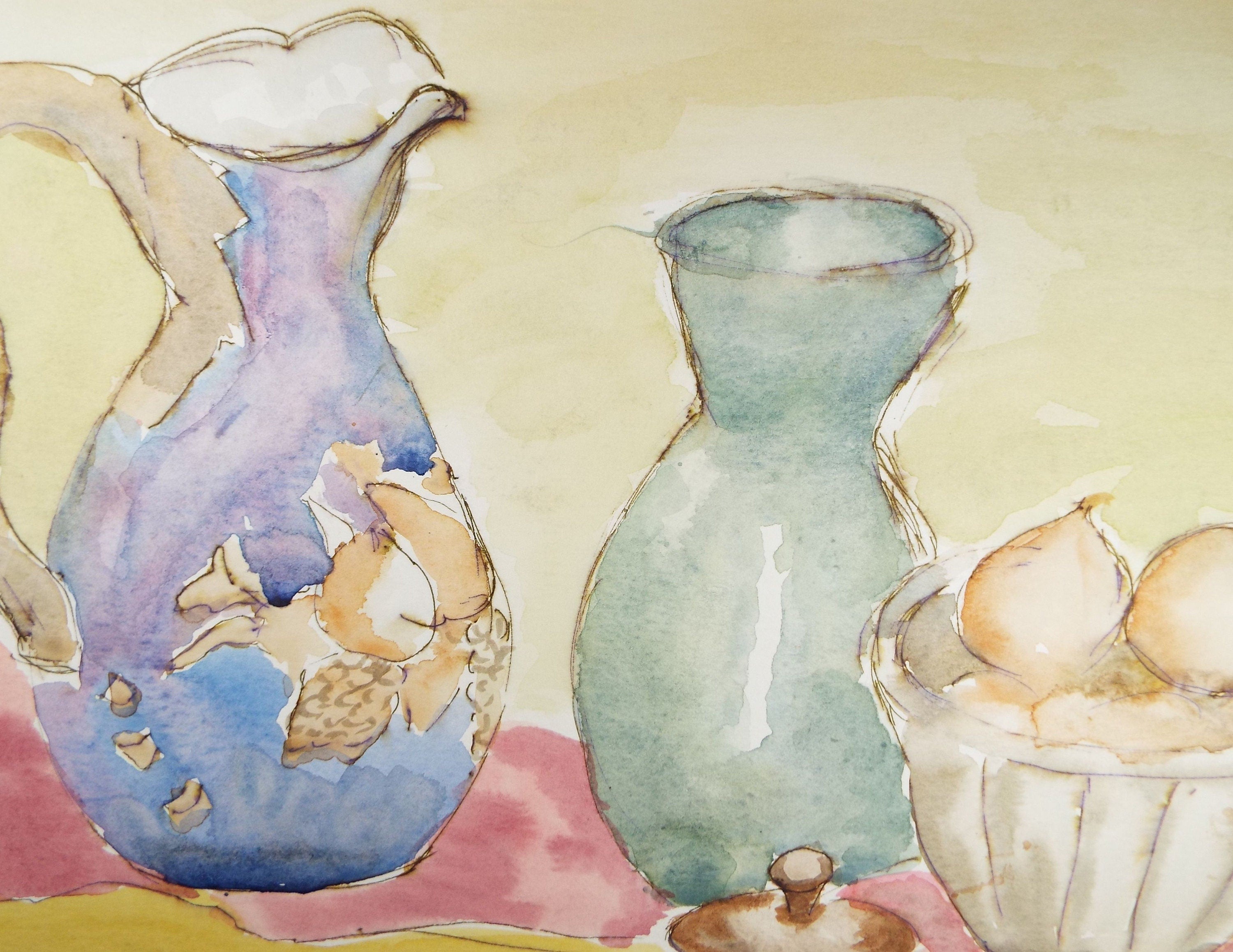 Original Watercolour, 'Still Life with Jug & Onions' circa 1970's, Artist Unknown