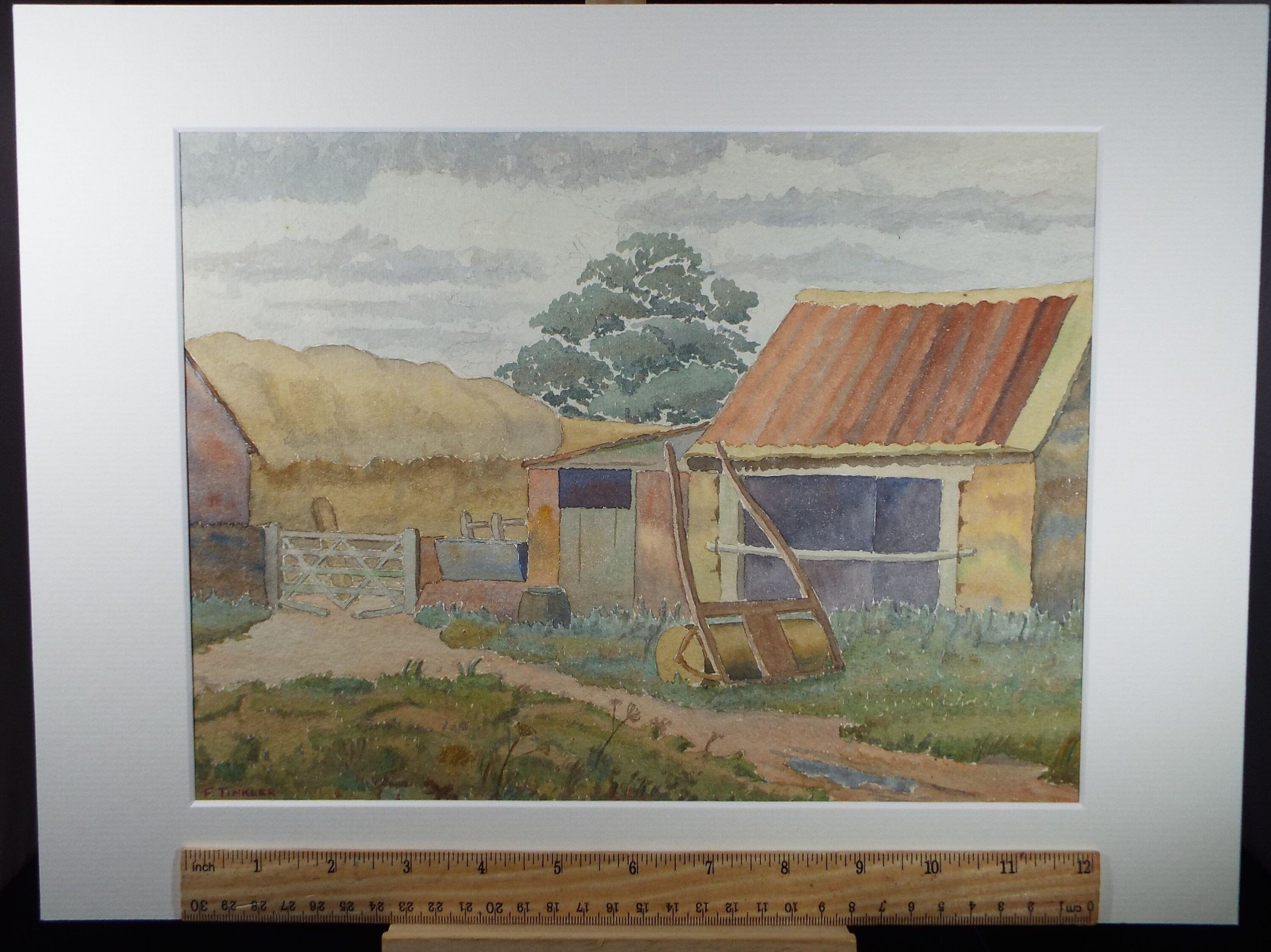 Original Watercolour, 'Farm Buildings', F Tinkler, circa 1940's
