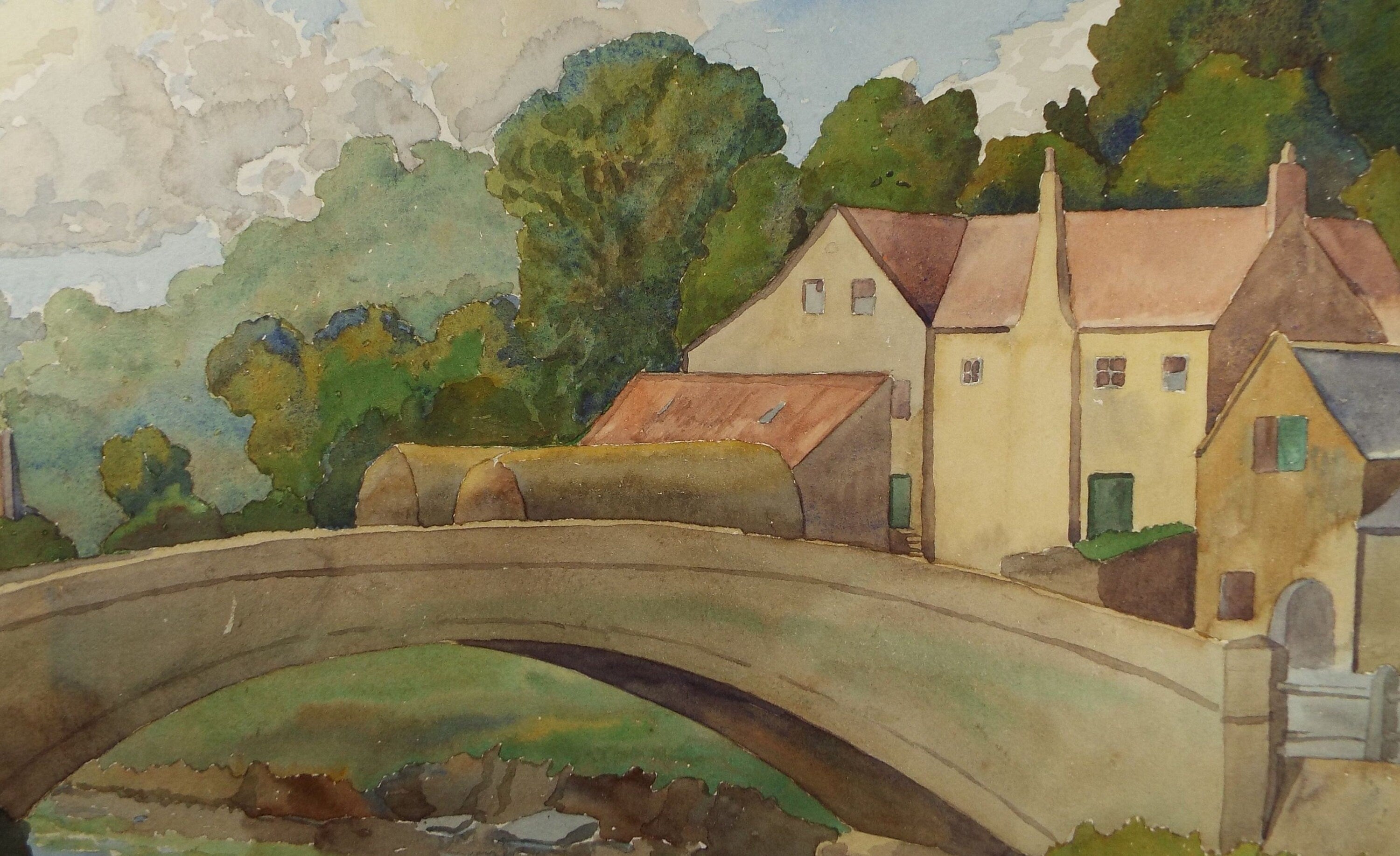Original Watercolour, 'Bridge over the River', F Tinkler, circa 1940's