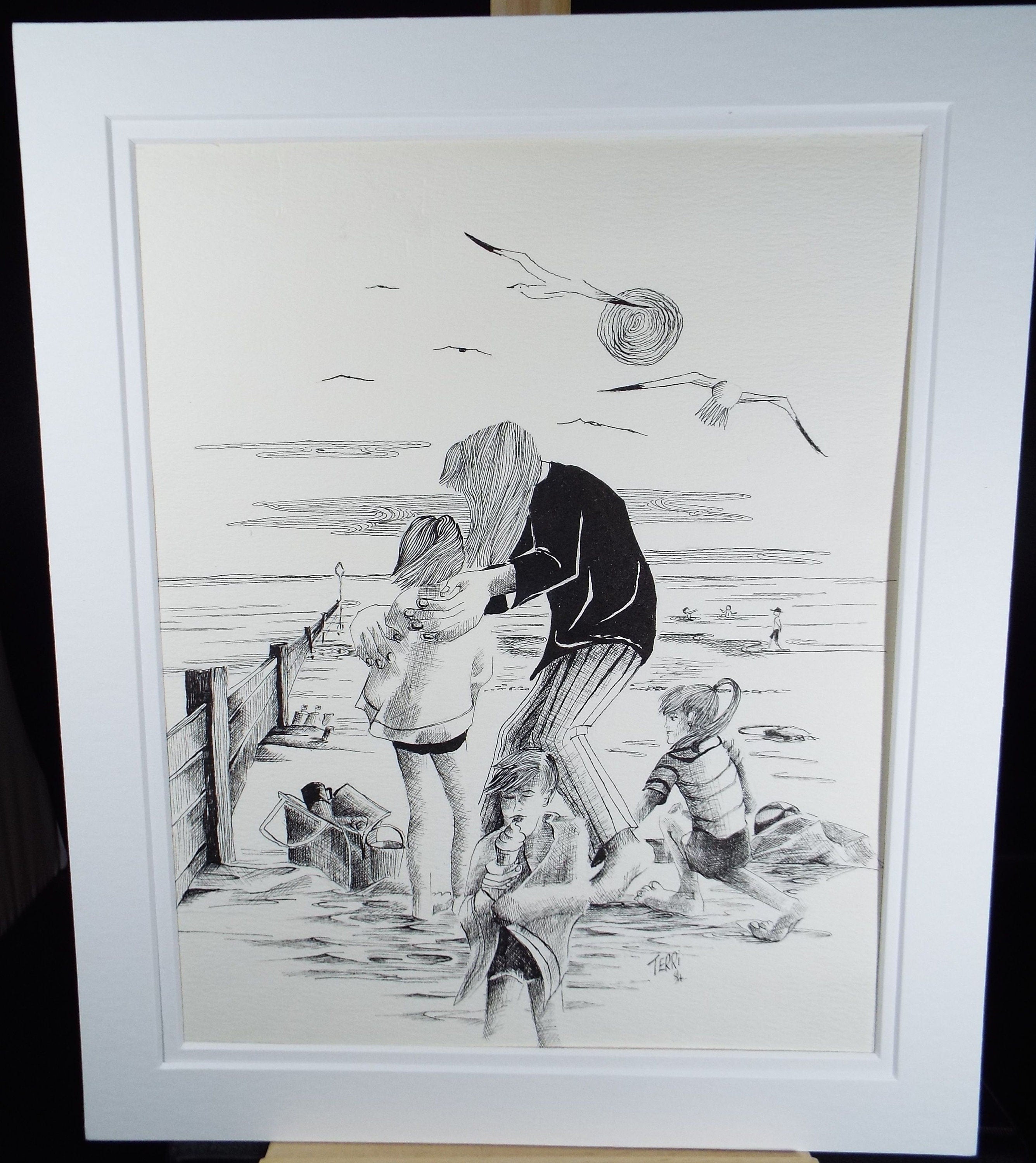 Original Pen & Ink, 'At the Beach', Dated 1984, Signed TERRI