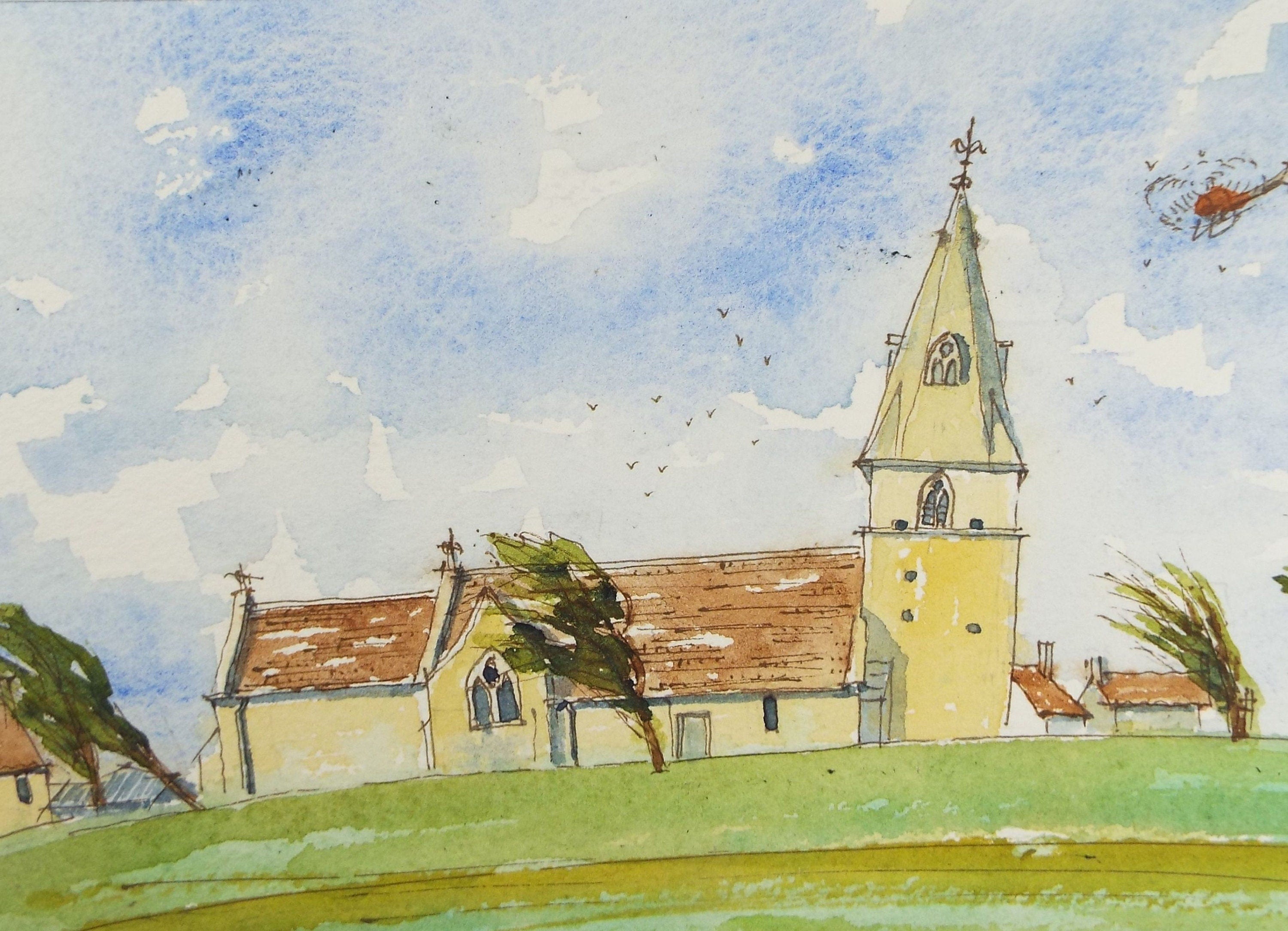 Original Watercolour, 'Church on a Windy day', Circa 1990's, Artist Unknown