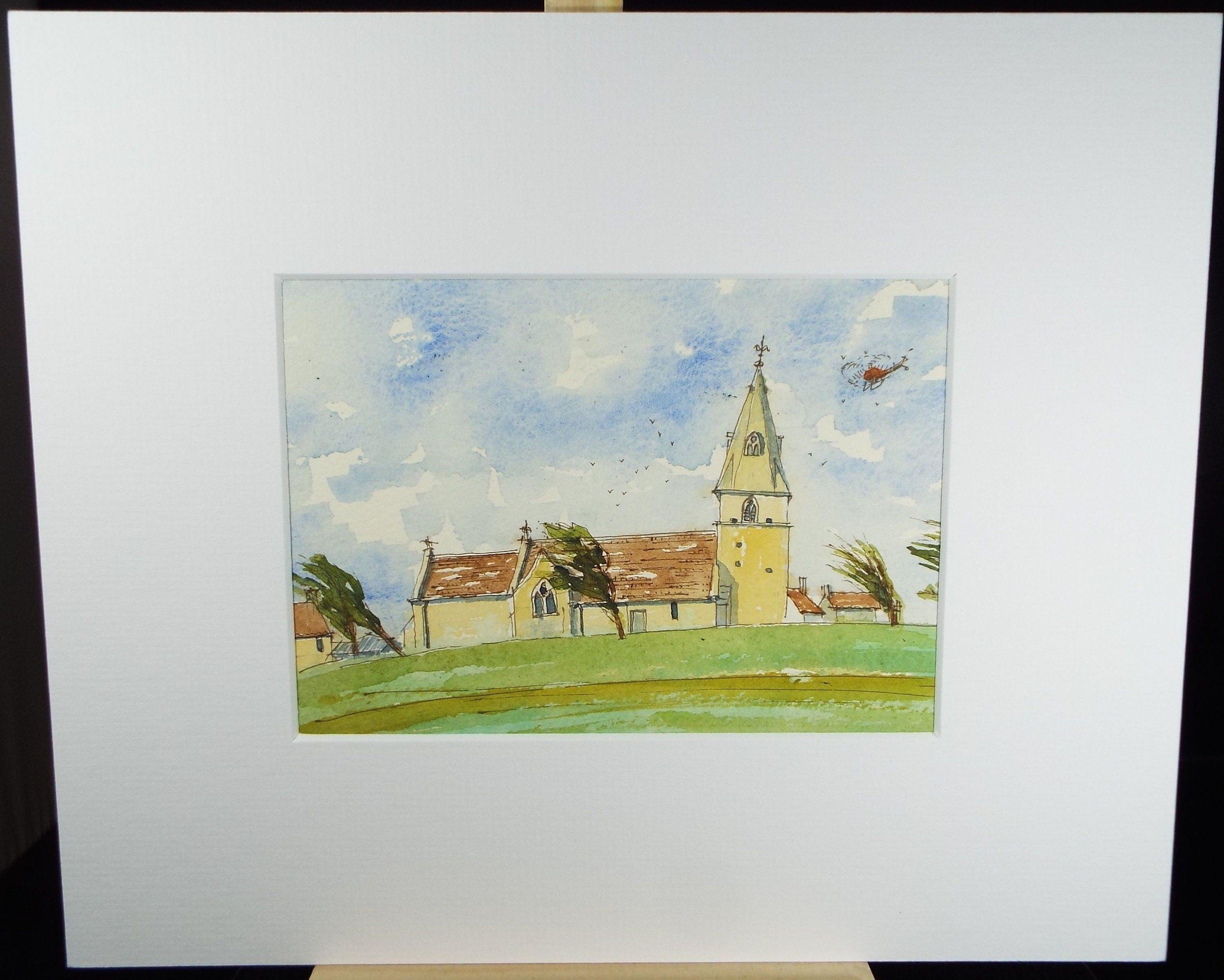 Original Watercolour, 'Church on a Windy day', Circa 1990's, Artist Unknown