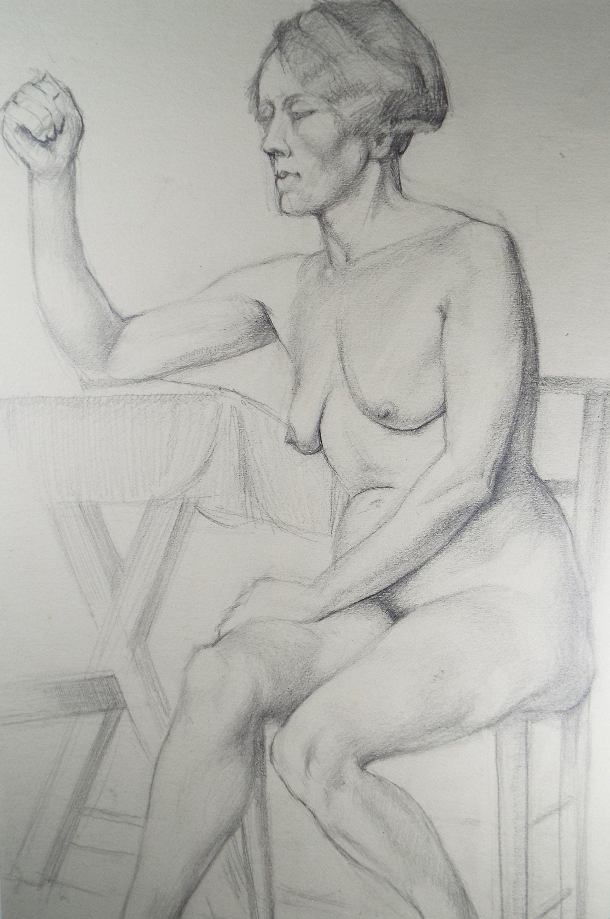 Original Pencil Drawing, 'Female Life Study - Seated', circa 1930's, artist unknown