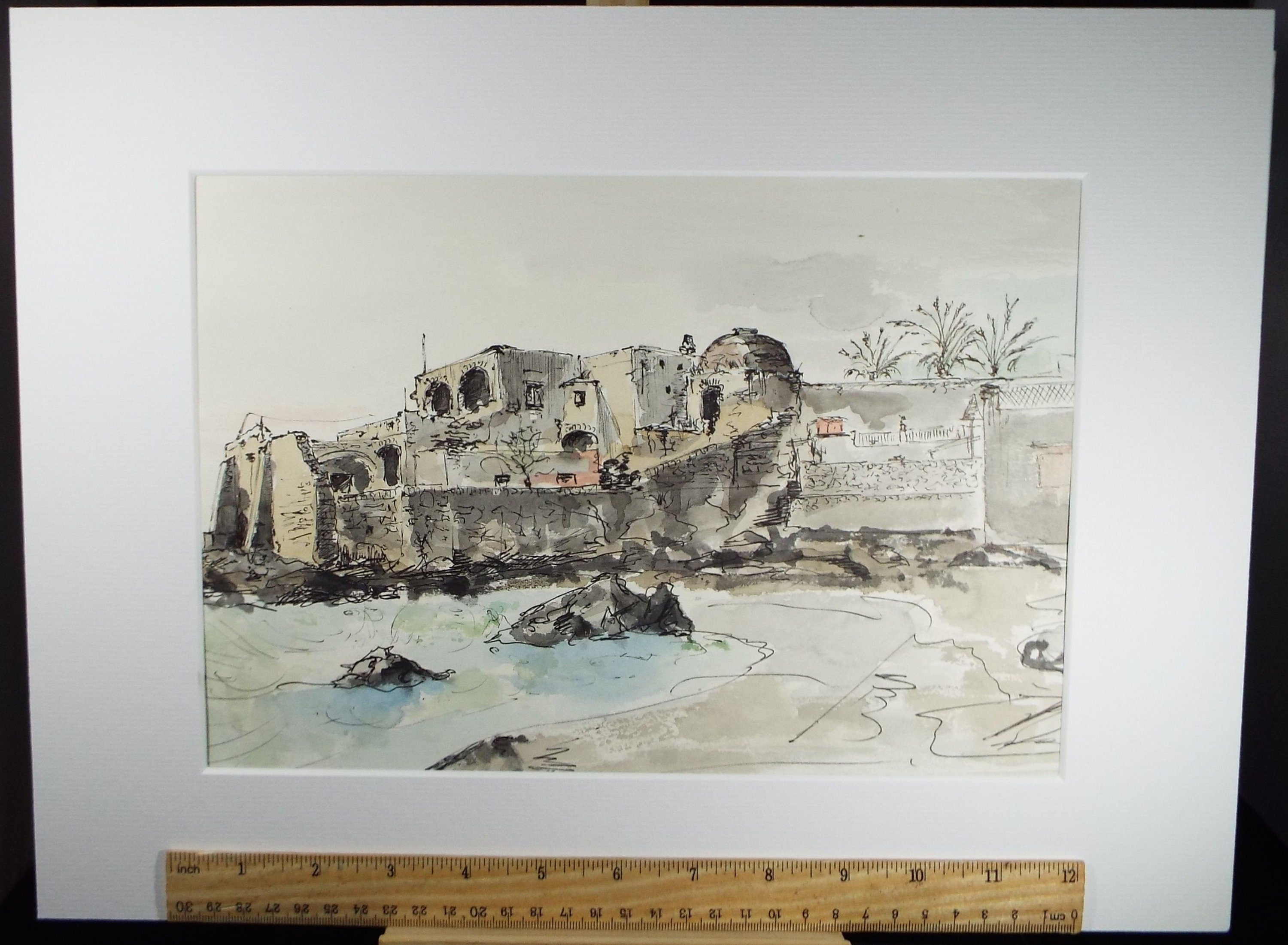 Original Watercolour & India Ink , 'Ischia, Capo Molino'. Dated 1965, Indistinctly Signed