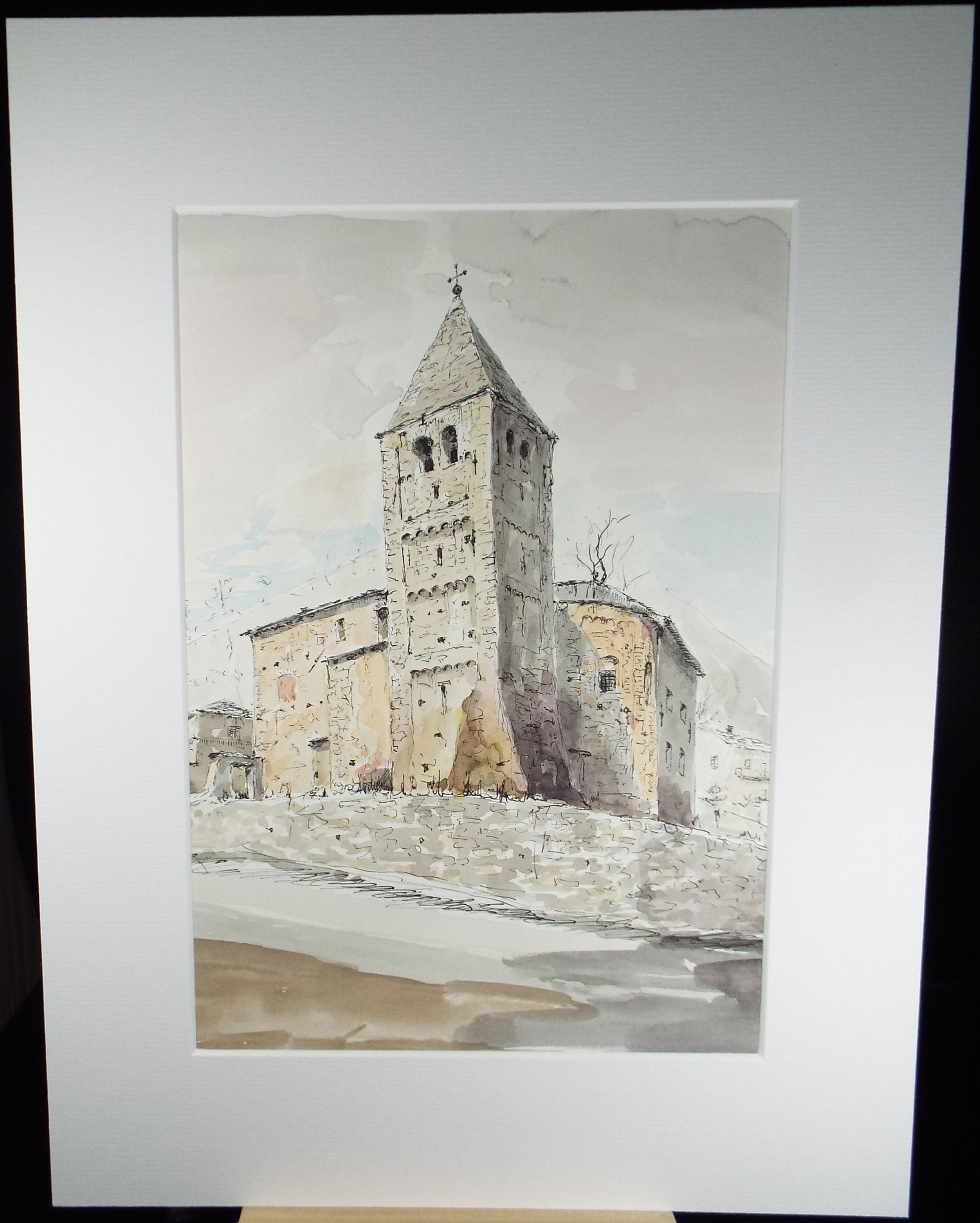 Original Watercolour & India Ink , 'Celle, Val di Susa', Dated 1966, Indistinctly Signed