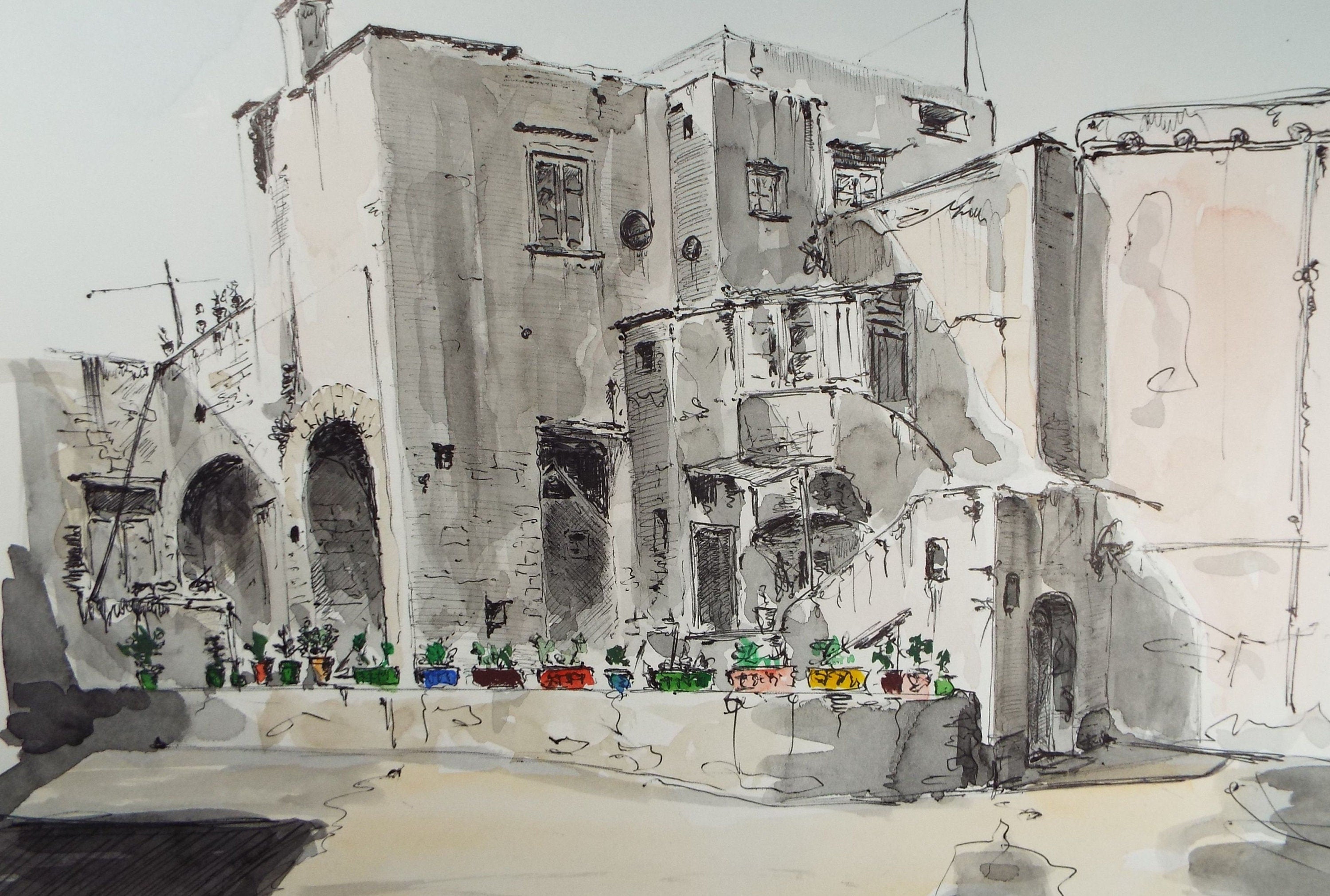 Original Watercolour & India Ink , 'Ischia', Dated 1965, Indistinctly Signed