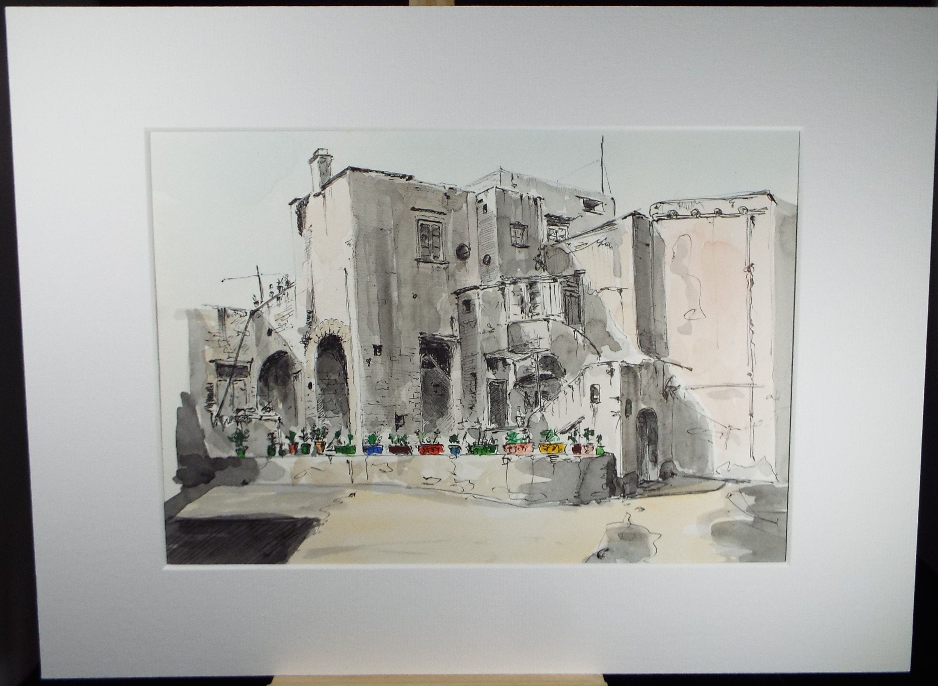 Original Watercolour & India Ink , 'Ischia', Dated 1965, Indistinctly Signed