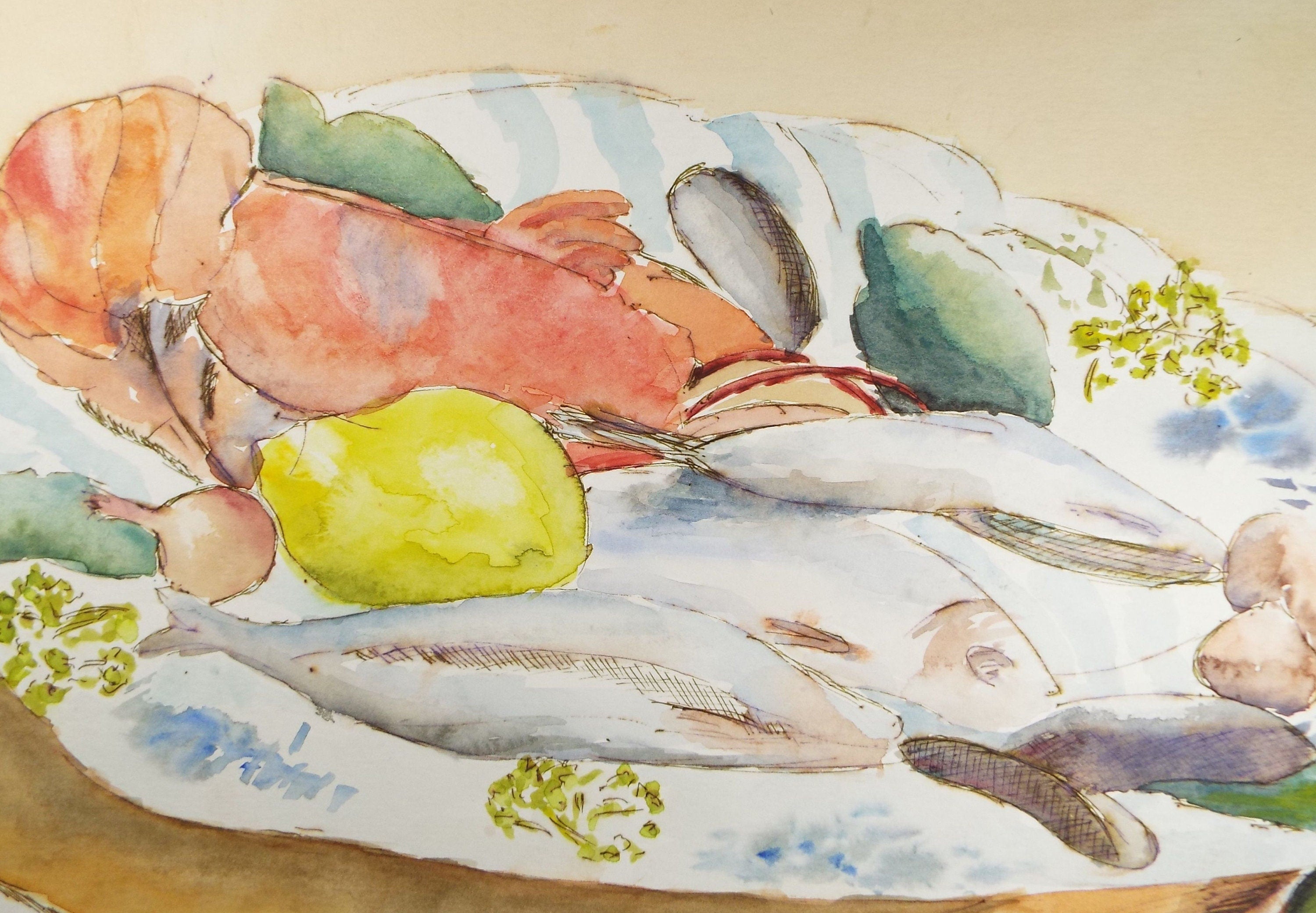 Original Watercolour, 'Seafood Platter' circa 1970's, Artist Unknown