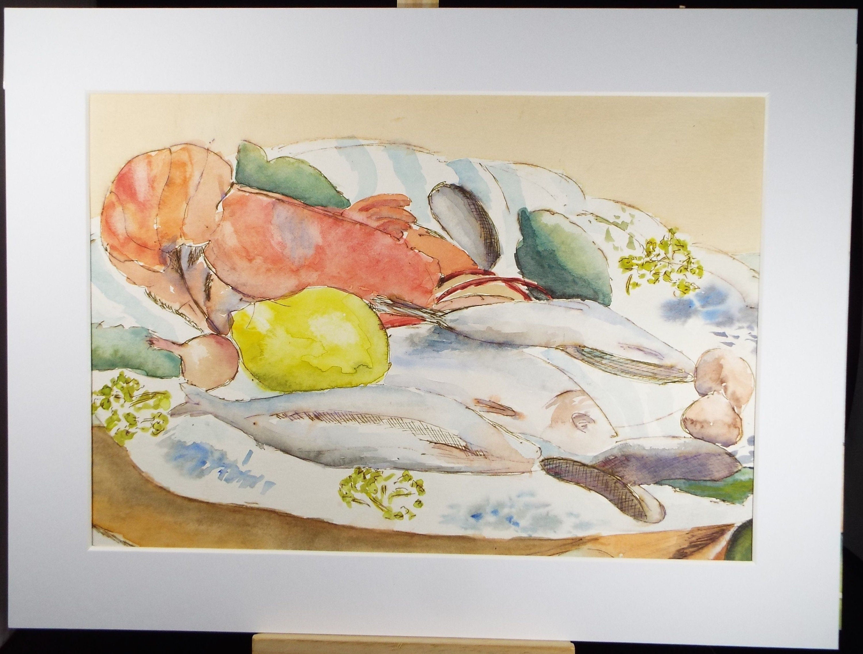 Original Watercolour, 'Seafood Platter' circa 1970's, Artist Unknown