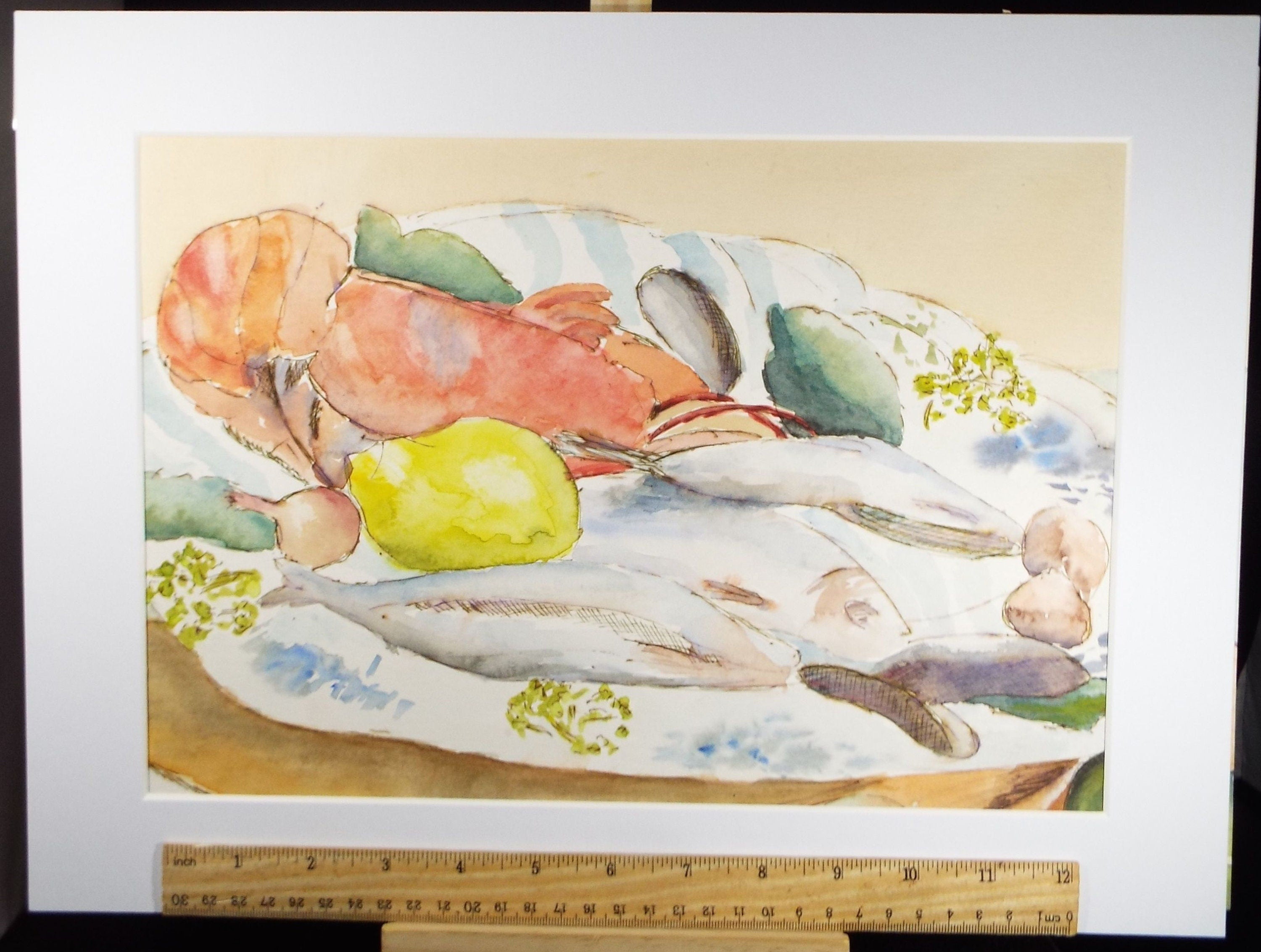 Original Watercolour, 'Seafood Platter' circa 1970's, Artist Unknown