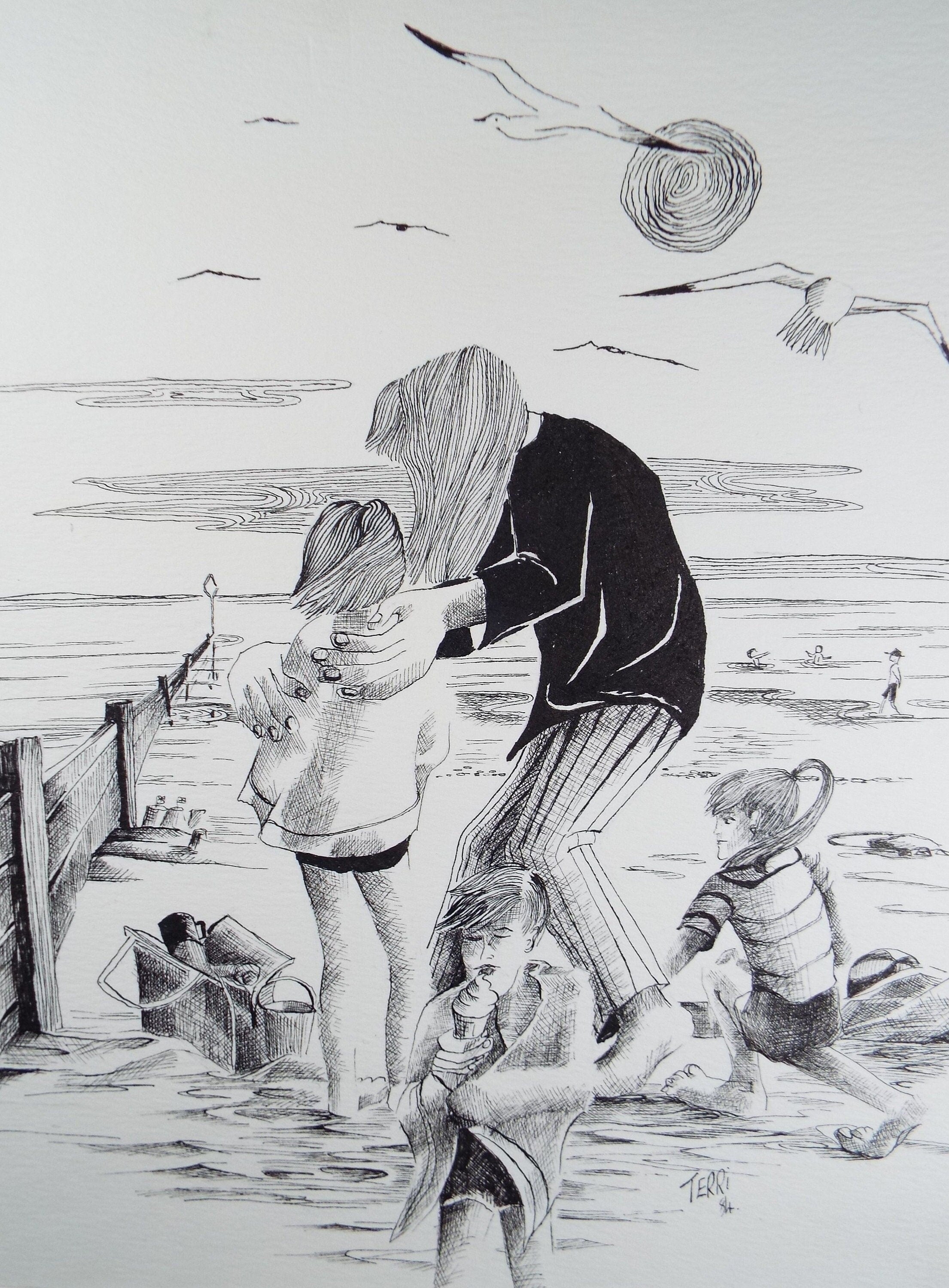 Original Pen & Ink, 'At the Beach', Dated 1984, Signed TERRI