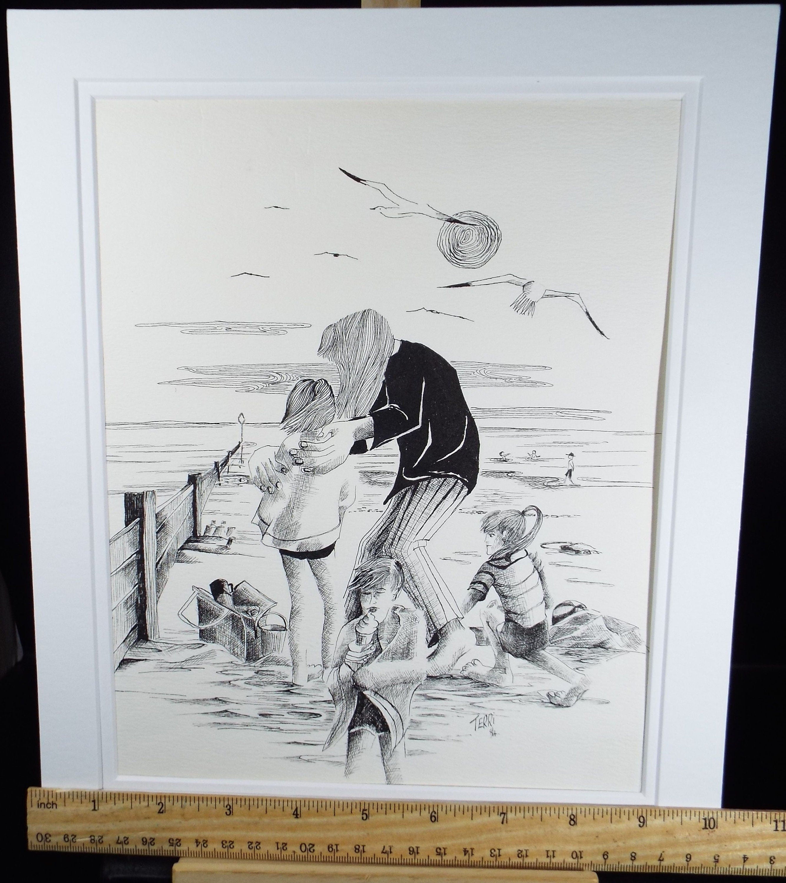 Original Pen & Ink, 'At the Beach', Dated 1984, Signed TERRI