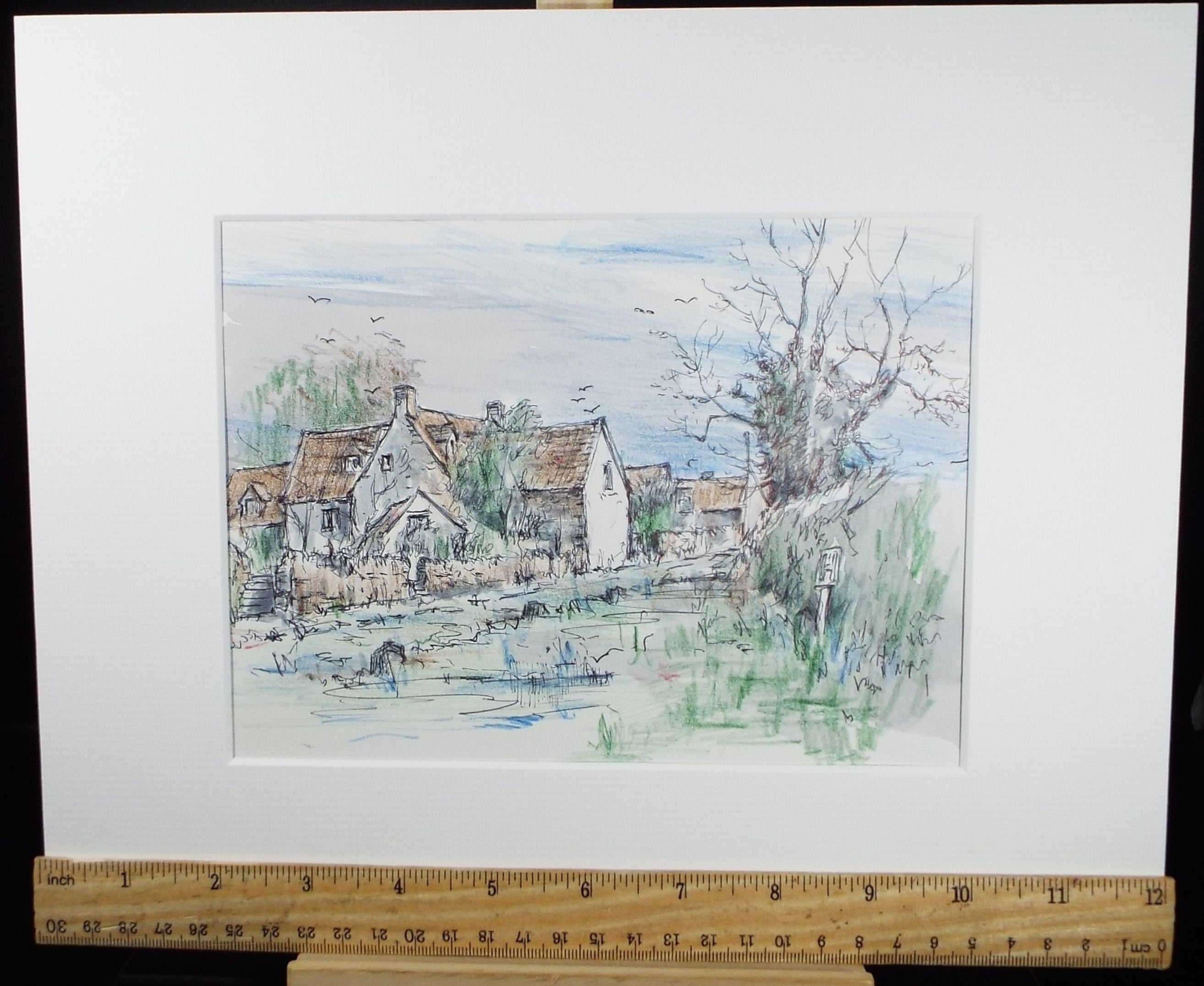 Original Pencil Drawing 'Littleton/Oldbury on Severn', Dated 1988, Artist Unknown