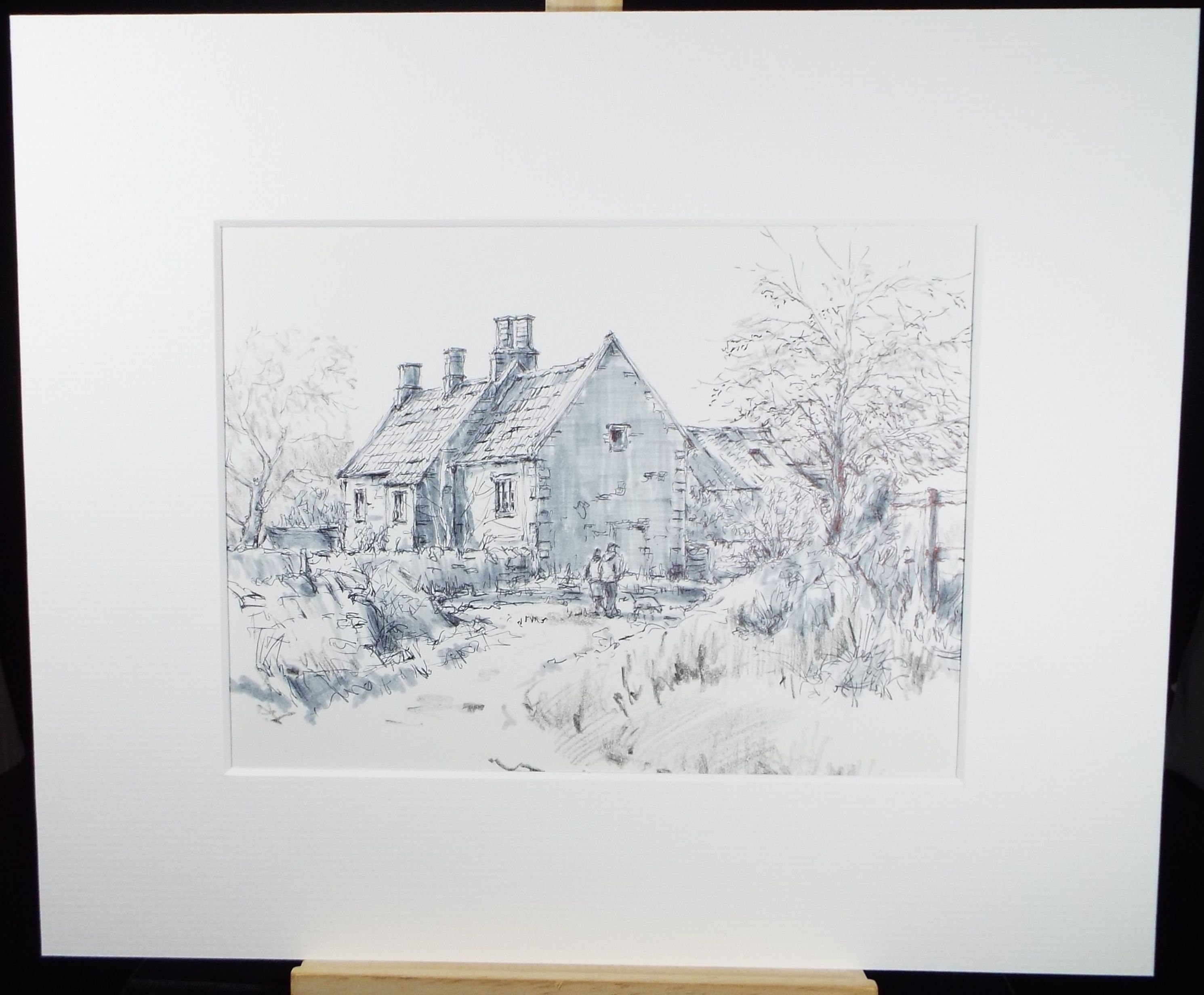 Original Watercolour & Ink, 'Farm Cottage with Figures',Circa 1990's Artist Unknown