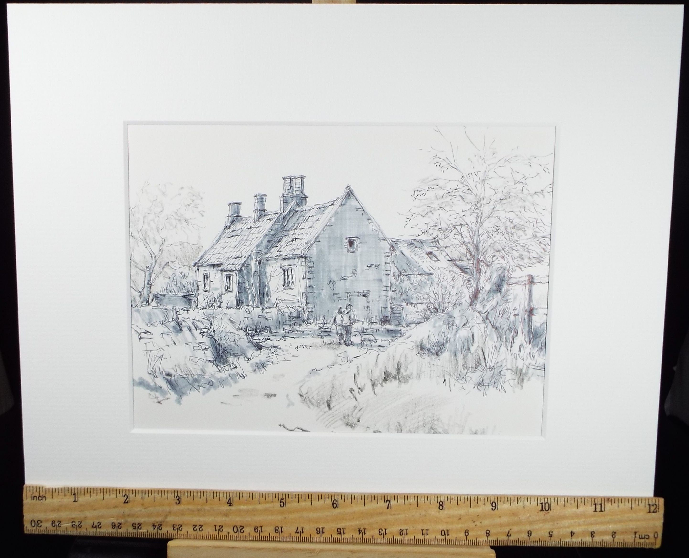 Original Watercolour & Ink, 'Farm Cottage with Figures',Circa 1990's Artist Unknown
