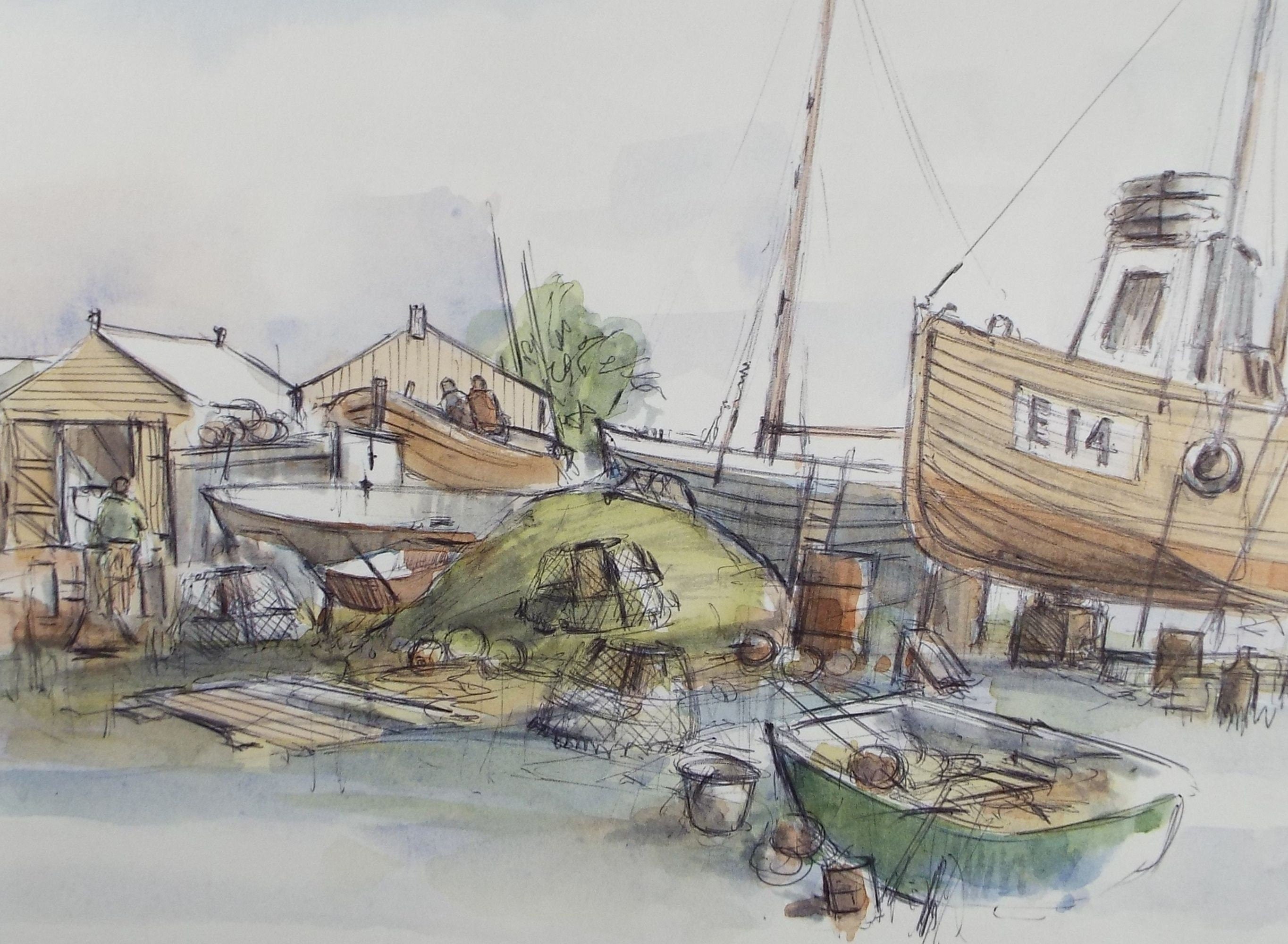 Original Watercolour & Ink, 'Beached Clutter',Dated 1990, Artist Unknown