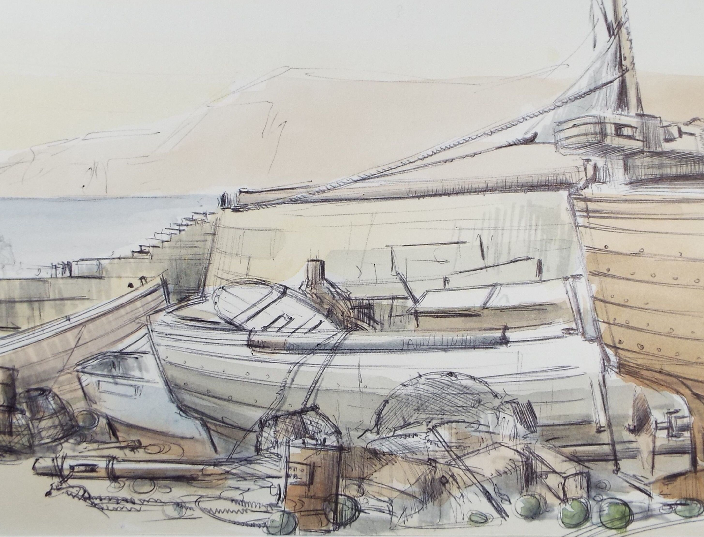 Original Watercolour & Ink, 'Boating Clutter',Dated 1990, Artist Unknown