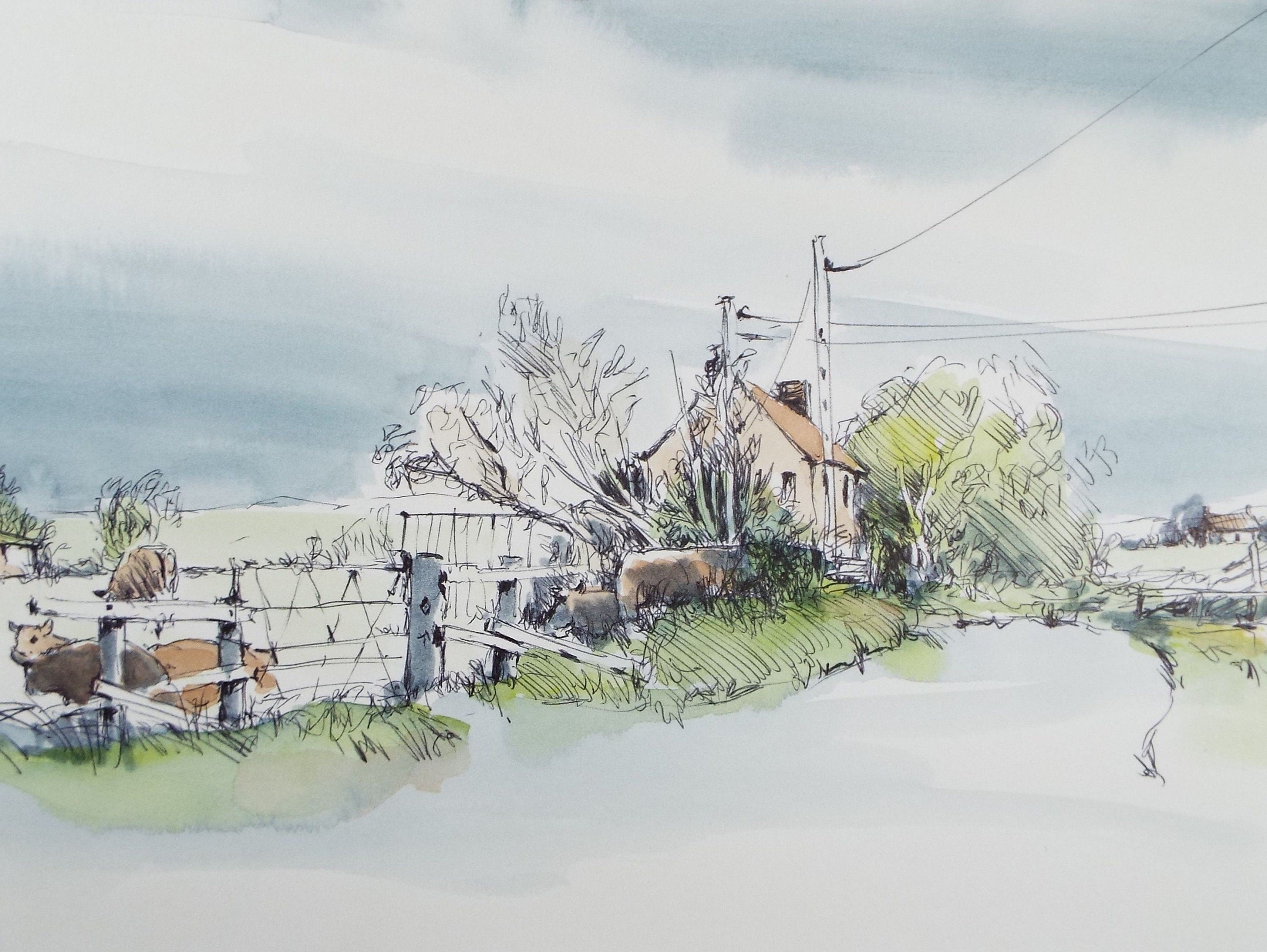 Original Watercolour & Ink, 'Country Lane', Dated 1994, Artist Unknown