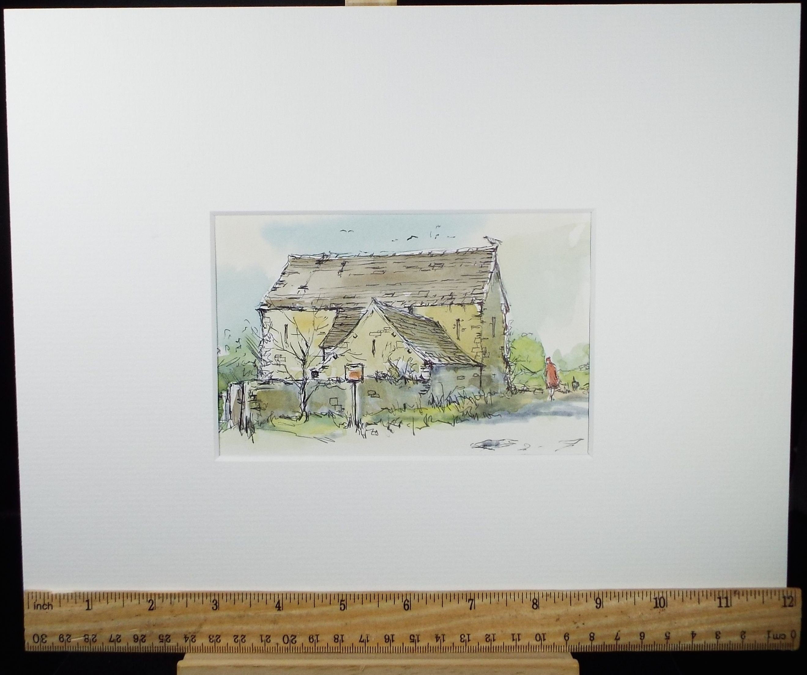 Original Watercolour & Ink, 'Tithe Barn, Cherry Orchard', Circa 1990's, Artist Unknown